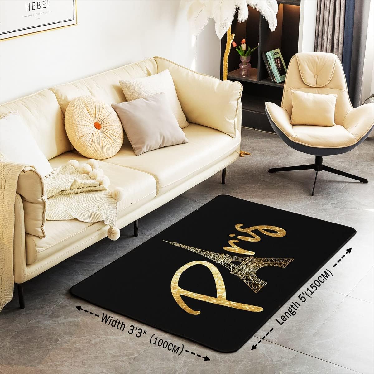 jejeloiu Alfombra de área de la Torre Eiffel, alfombra decorativa de París, diseño de viaje, alfombra de piso negro dorado para interiores, 5 x 7