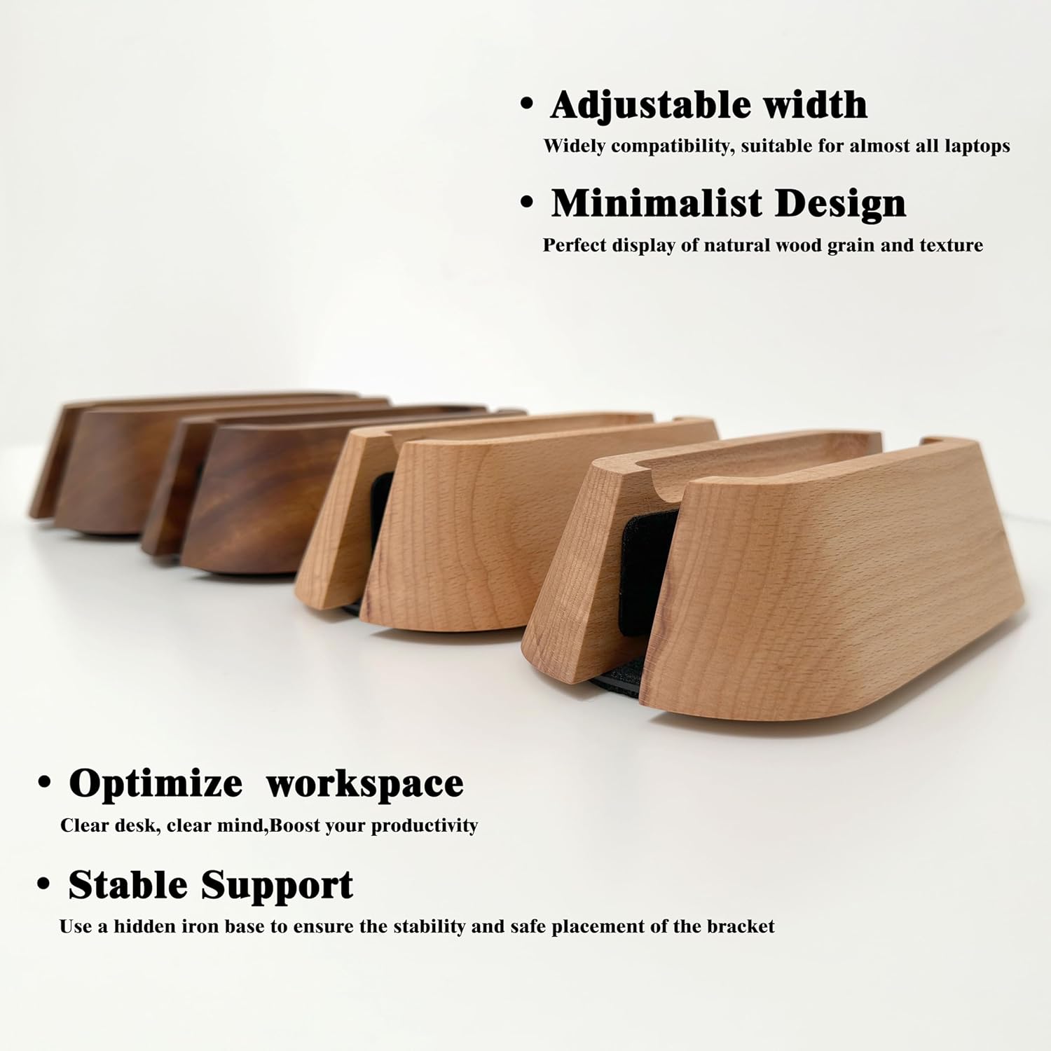 Soporte de madera para laptop, ajustable para escritorio, se adapta a laptops de 0.4 a 1.2 pulgadas, resistente y duradero, almohadillas