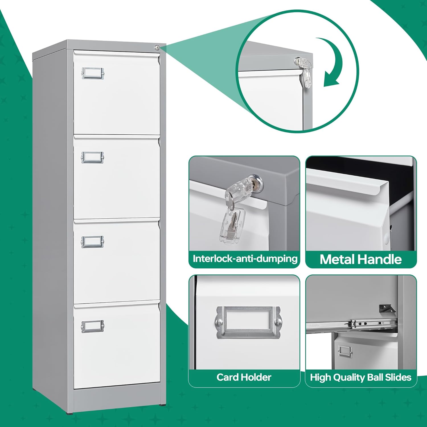 Letaya Archivador de 4 cajones con cerradura, archivadores verticales de metal para oficina en casa, almacenamiento A4F4cartalegal, requiere montaje