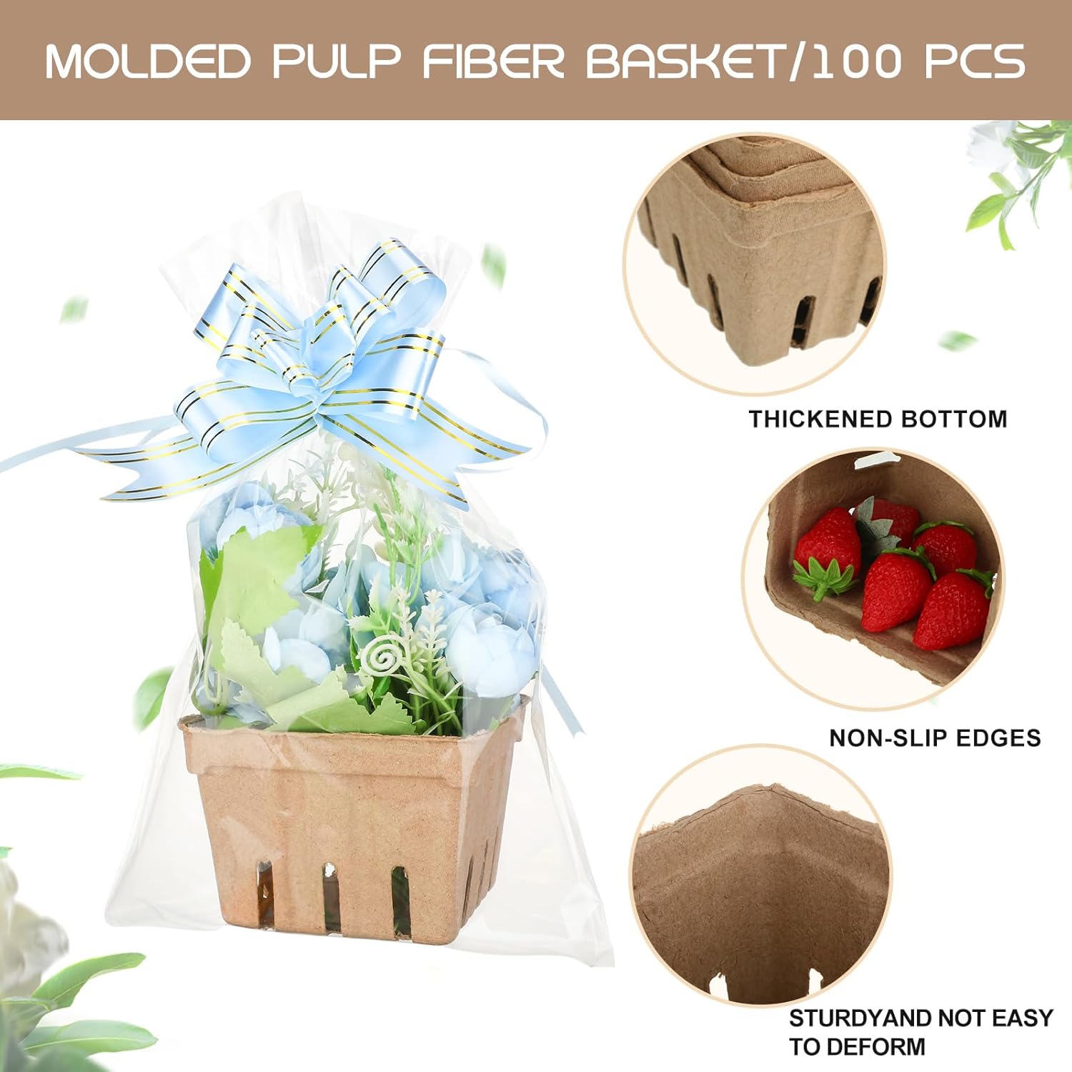 100 cestas de fibra de pulpa natural con 100 bolsas de plástico transparente, 100 lazos coloridos para agricultores, cesta de cosecha, contenedores