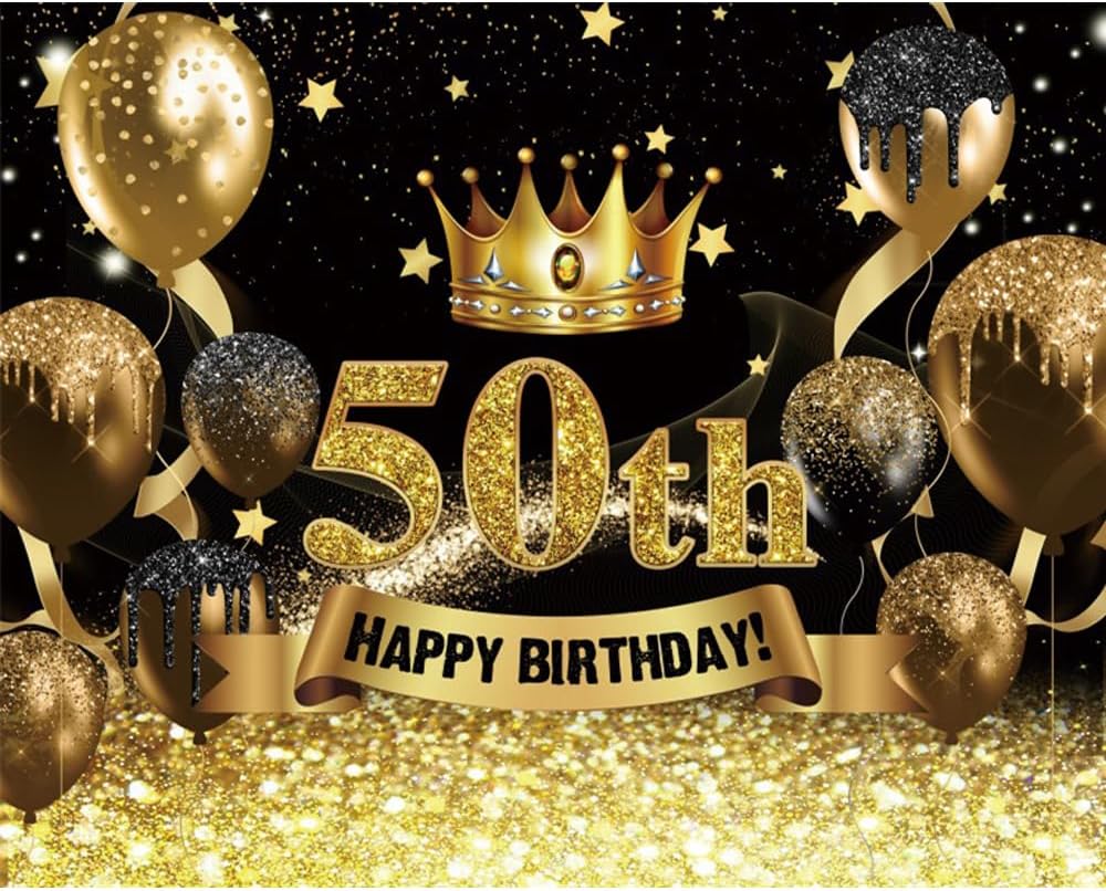 Telón de fondo para fotografía de cumpleaños número 50 para mujeres y hombres, globo con purpurina negra y dorada, telón de fondo para fotos de