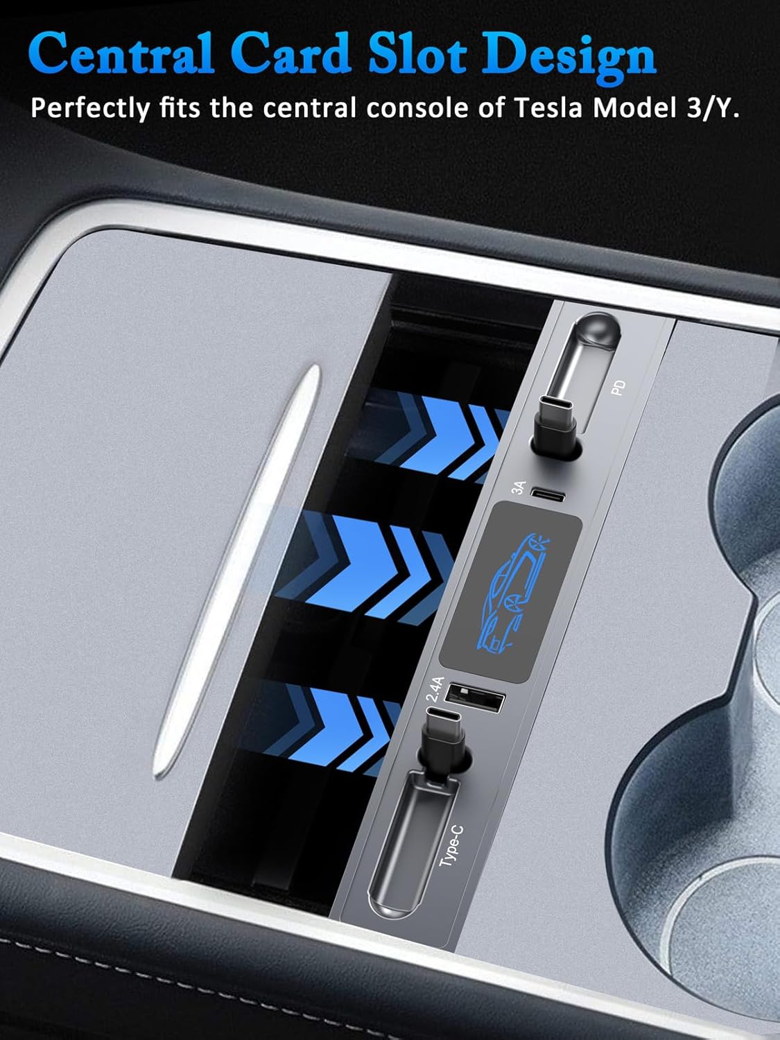 Qidoe para Tesla USB Hub, estación de acoplamiento con cable de carga rápida retráctil PD tipo C para Tesla Modelo Y Modelo 3 2021 2022 2023 Consola