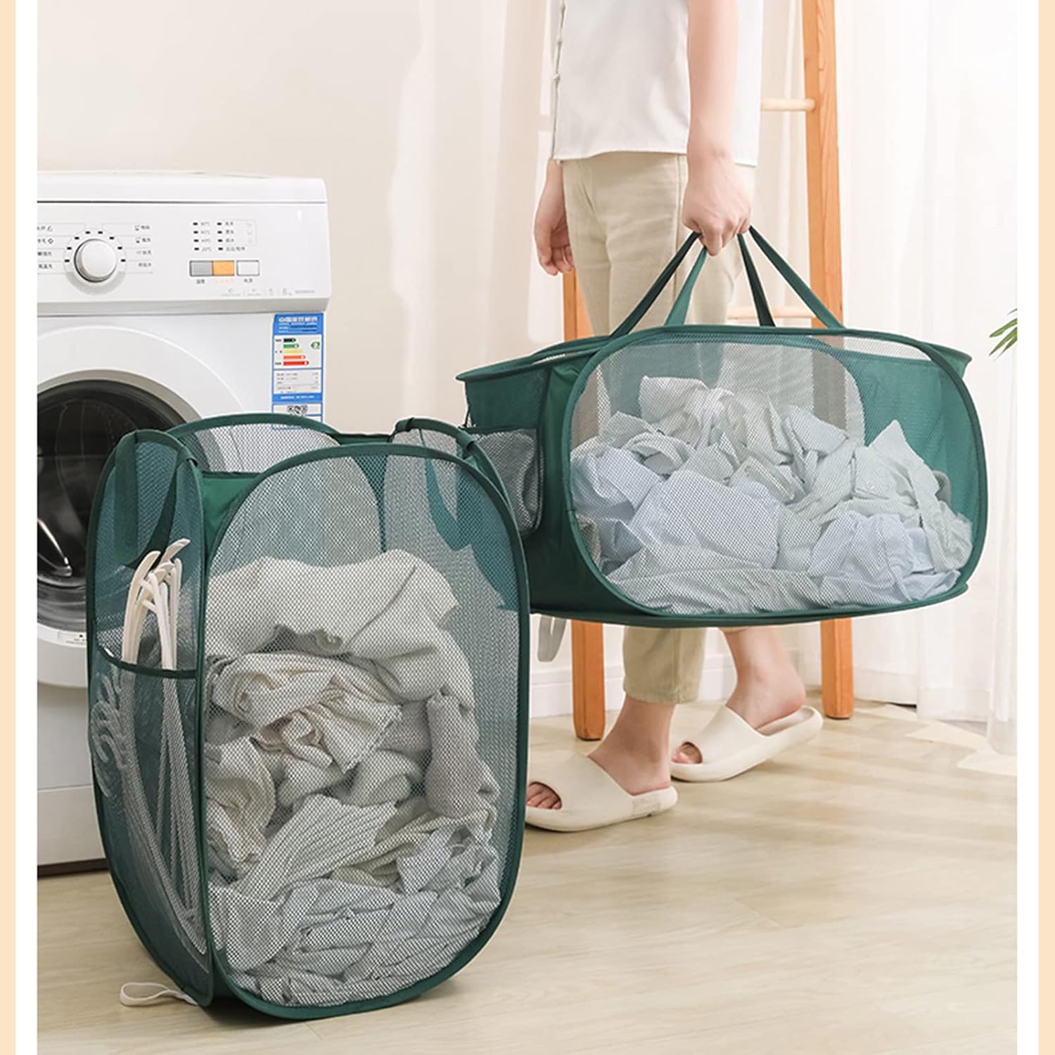 Práctica cesta desplegable de malla para lavandería, almacenamiento de ropa duradera, portátil, plegable, con bolsillo lateral para dormitorio, baño