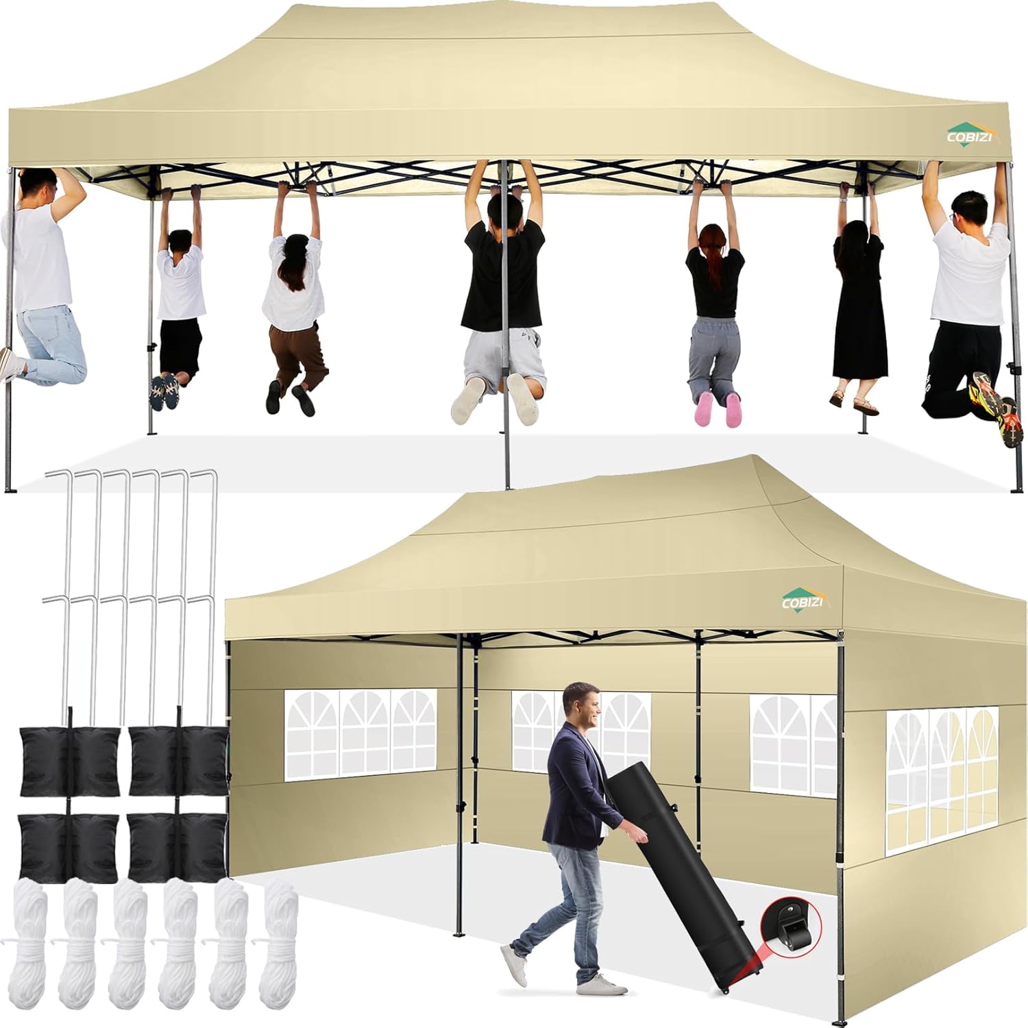 COBIZI Tienda de campaña desplegable de 10 x 20 pies, toldo de 10 x 20 pies con 6 paredes laterales, impermeable, resistente, carpa comercial,