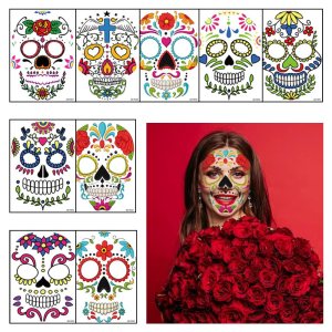 Hying 9 tatuajes temporales del Día de los Muertos, tatuajes de esqueleto de Halloween, tatuajes faciales de calavera floral de azúcar, calcomanías Hying 9 tatuajes temporales del Día de los Muertos, tatuajes de esqueleto de Halloween, tatuajes faciales de calavera floral de azúcar, calcomanías