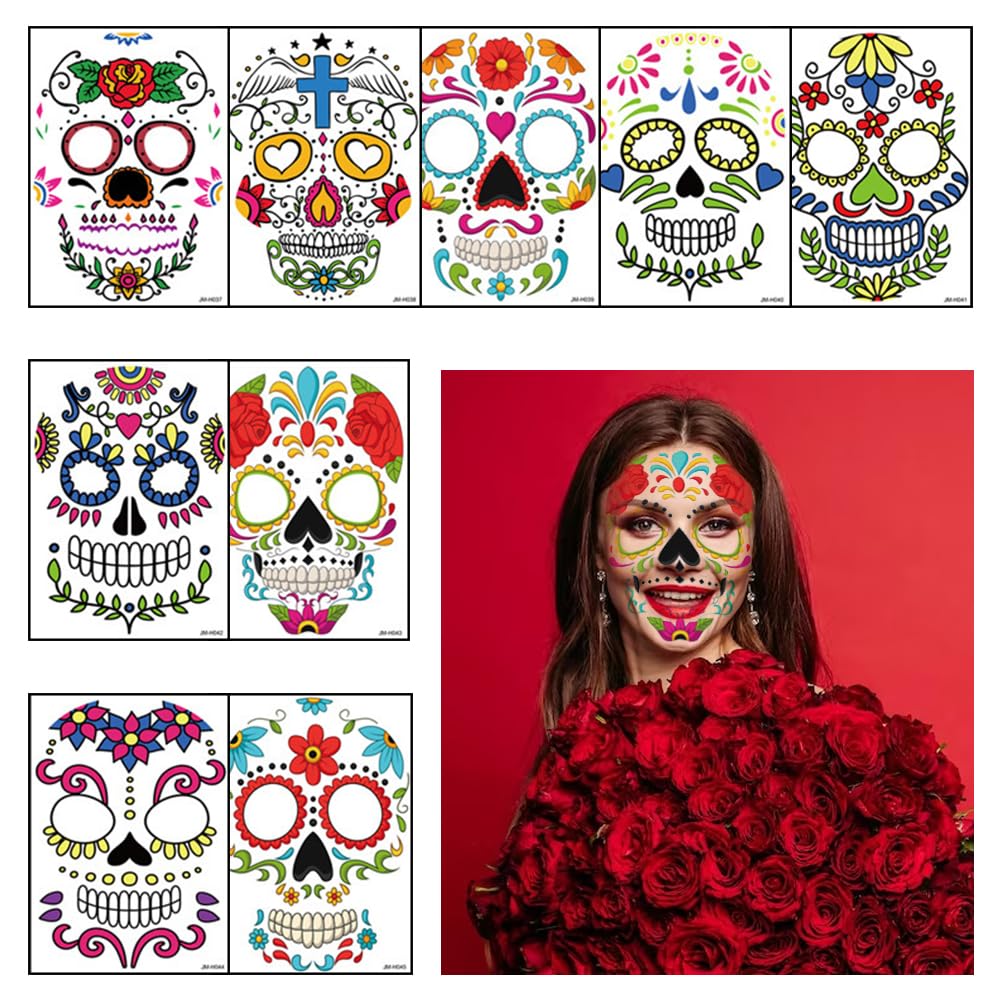 Hying 9 tatuajes temporales del Día de los Muertos, tatuajes de esqueleto de Halloween, tatuajes faciales de calavera floral de azúcar, calcomanías