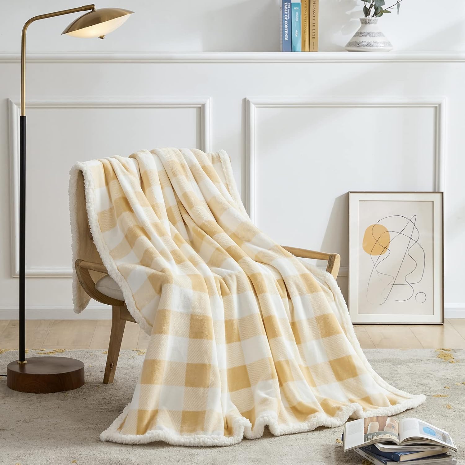 BEAUTEX Manta de forro polar sherpa, manta y mantas de felpa a cuadros súper suaves y cálidas, manta ligera y acogedora para sofá cama (beige, manta