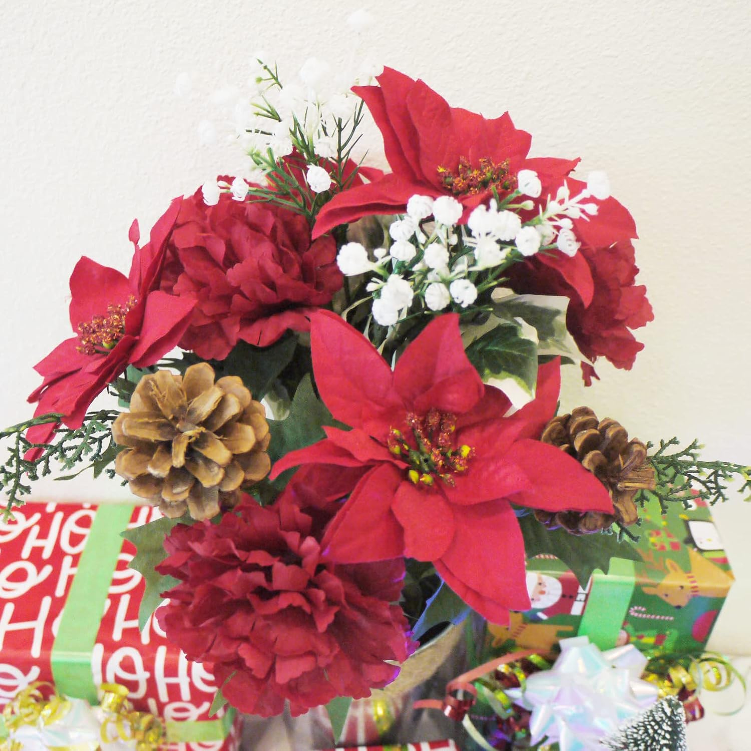2 ramos de flores de Pascua artificiales, 14 tallos de flores de Navidad falsas, de terciopelo sintético, clavel de Pascua para decoración del