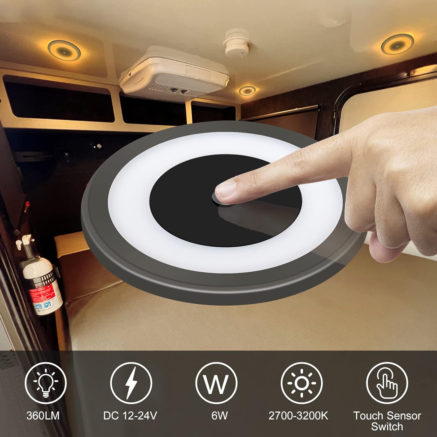 Luz LED de techo para cámper, 12 V, luz de disco regulable con interruptor de atenuación táctil, iluminación interior para caravana, barco, cámper,