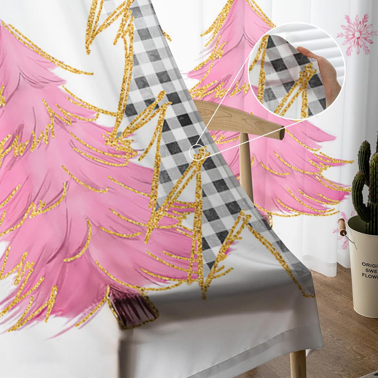 Cortinas de Navidad para sala de estar, cortinas traslúcidas para árbol de Navidad, cortinas de ventana con bolsillo para barra, cortinas de ventana