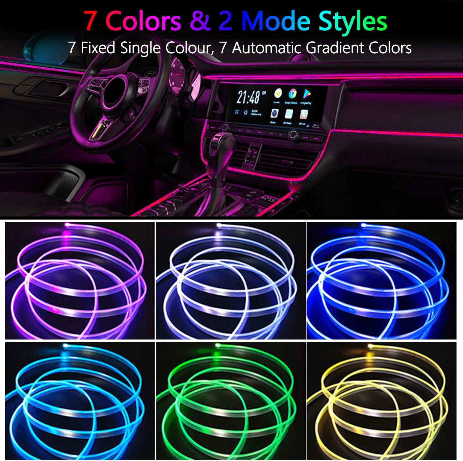 Tira de luces LED para interiores de automóvil, fibra óptica, RGB multicolor, 2 en 1, kit de iluminación ambiental 2 en 1, luces de neón para