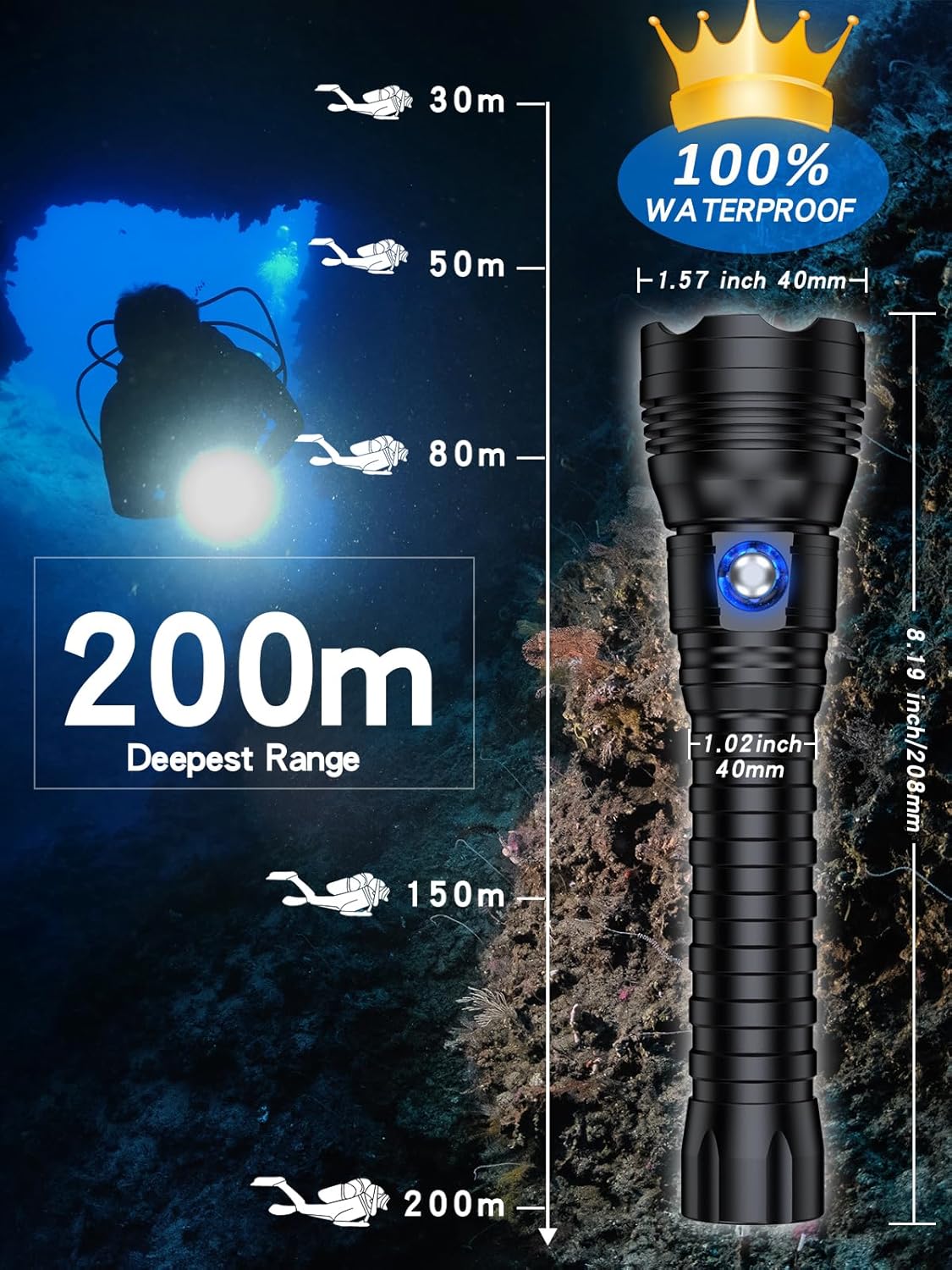Genwiss Luces de buceo, linterna subacuática de 6000 lúmenes, más profunda 656.2 ft IPX68 impermeable, alta luz LED XHP70 recargable de lúmenes, 4