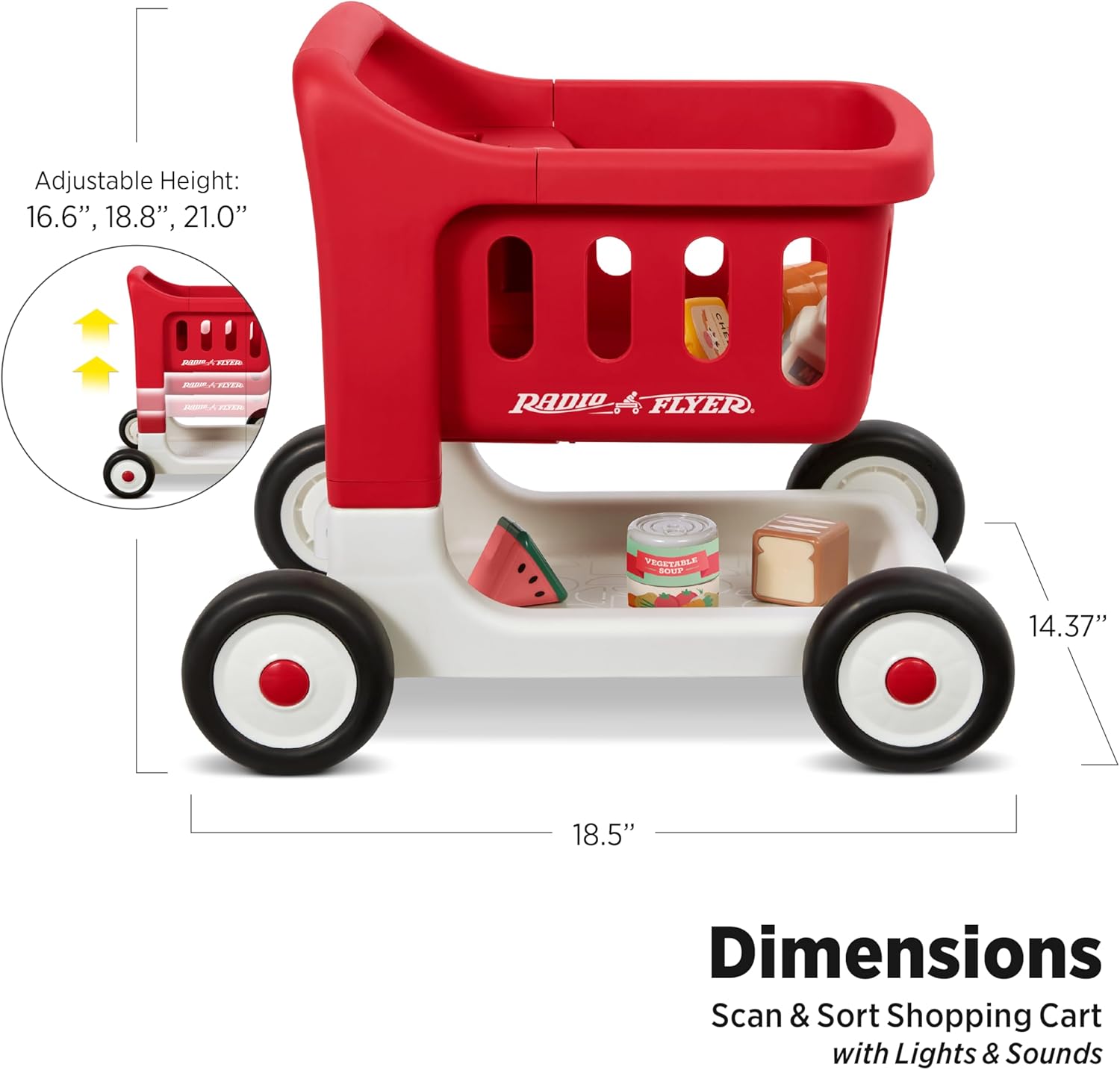 Radio Flyer Escanea y clasifica el carrito de compras con luces y sonidos, andador de bebé con ruedas, carrito de compras rojo para niños a partir