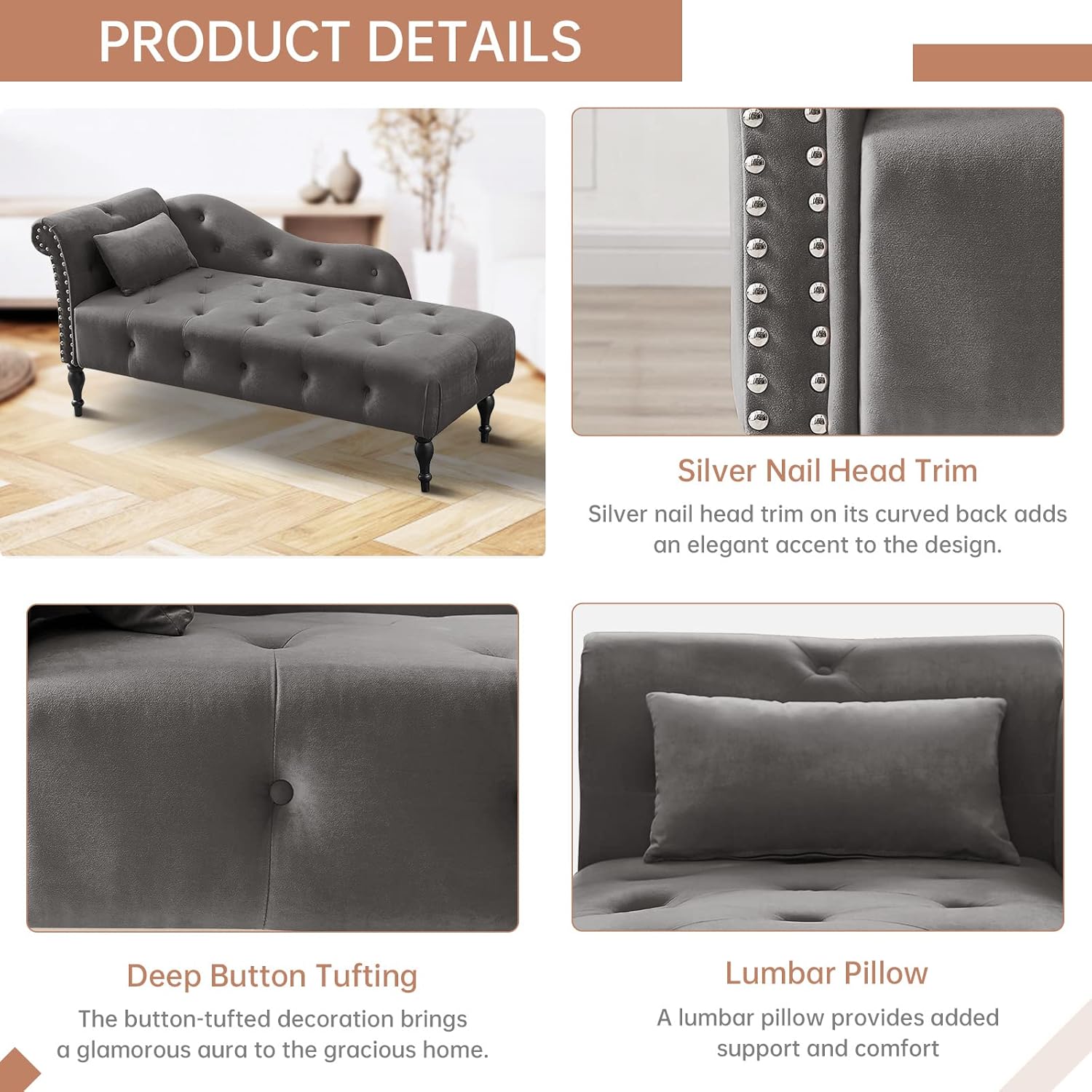 Chaise Lounge – Silla de terciopelo para interiores con almohada, con botones copetudos, brazo derecho, con ribete de cabeza de clavos y patas