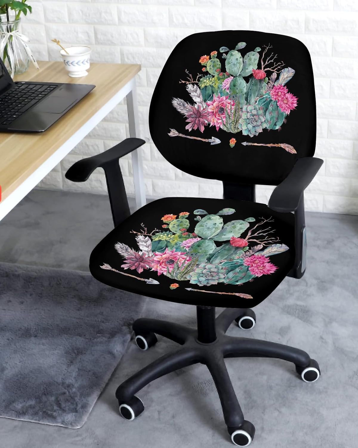 Funda para silla de oficina, diseño de flechas de cactus tropical, color negro, funda protectora y elástica para silla de escritorio, silla de