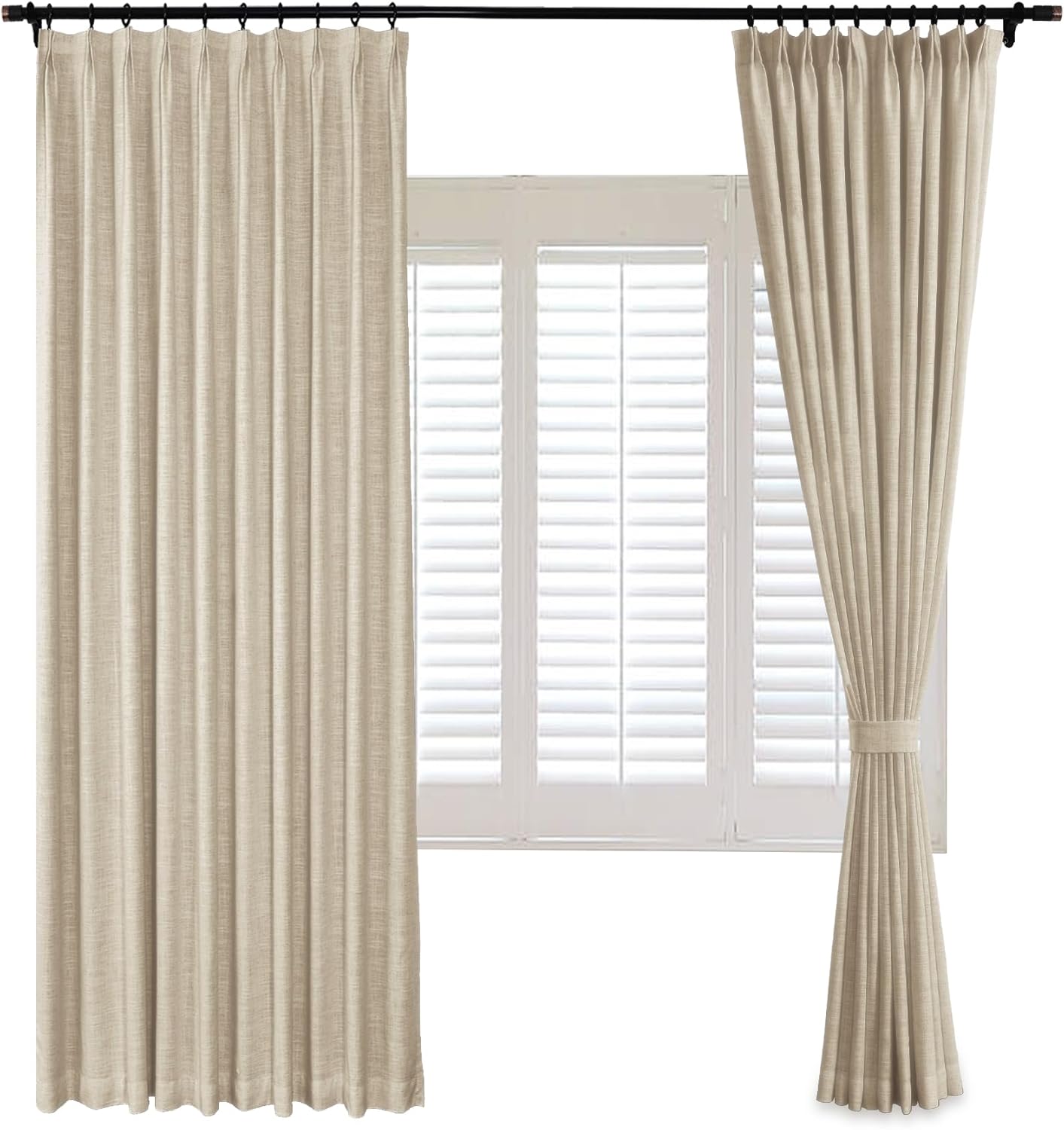 Cortinas 100% opacas de 52 pulgadas de ancho x 102 pulgadas de largo, cortina opaca plisada con forro de lino con alzapaños, cortinas de privacidad