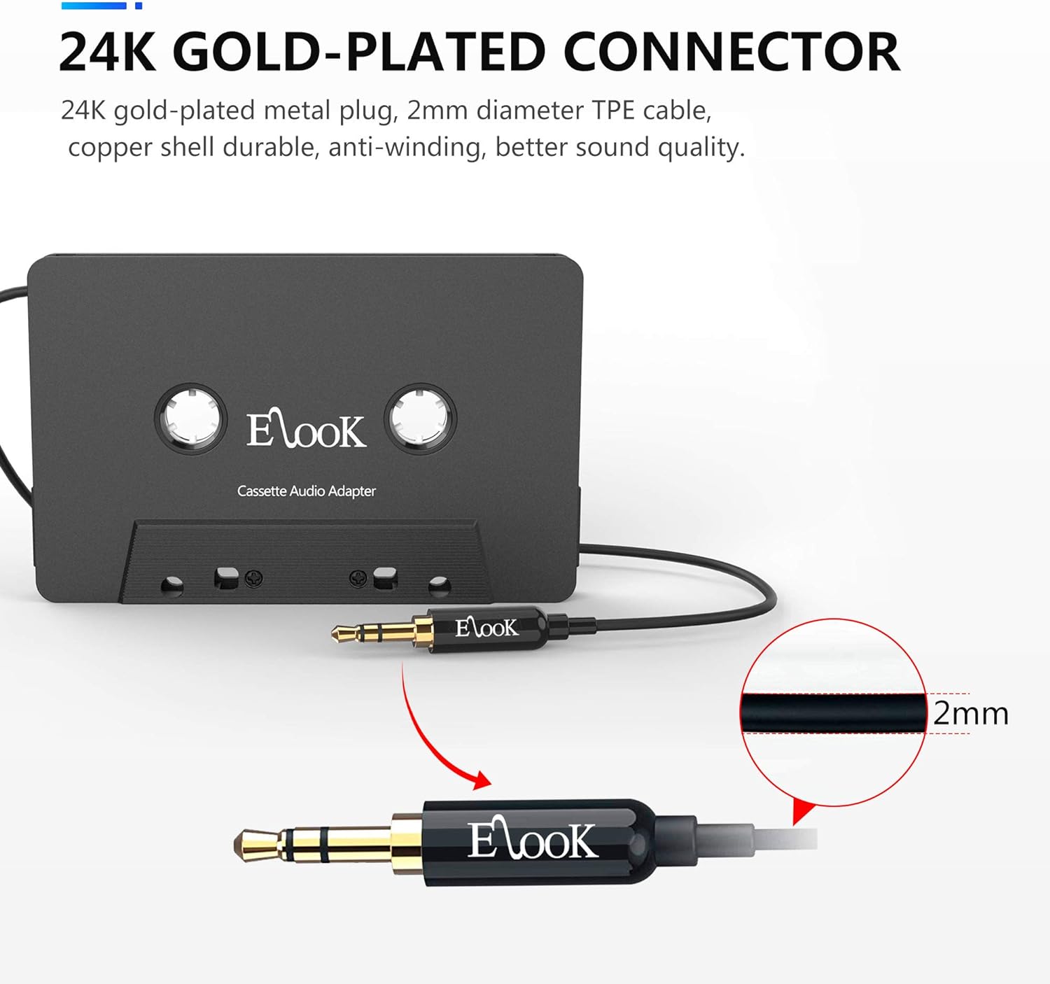Elook Kit de adaptador auxiliar de casete para coche, incluye un smartphone a adaptador de conector de auriculares de 0.138 in, color negro