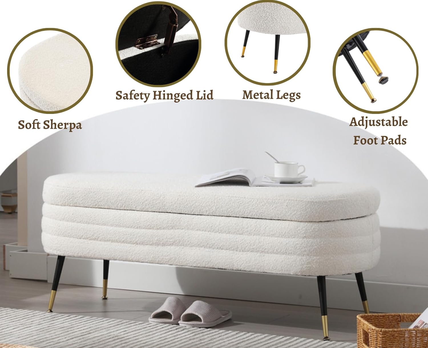 EALSON Banco de almacenamiento moderno, banco otomano de almacenamiento Sherpa con patas de metal tapizado para dormitorio, extremo de cama, banco