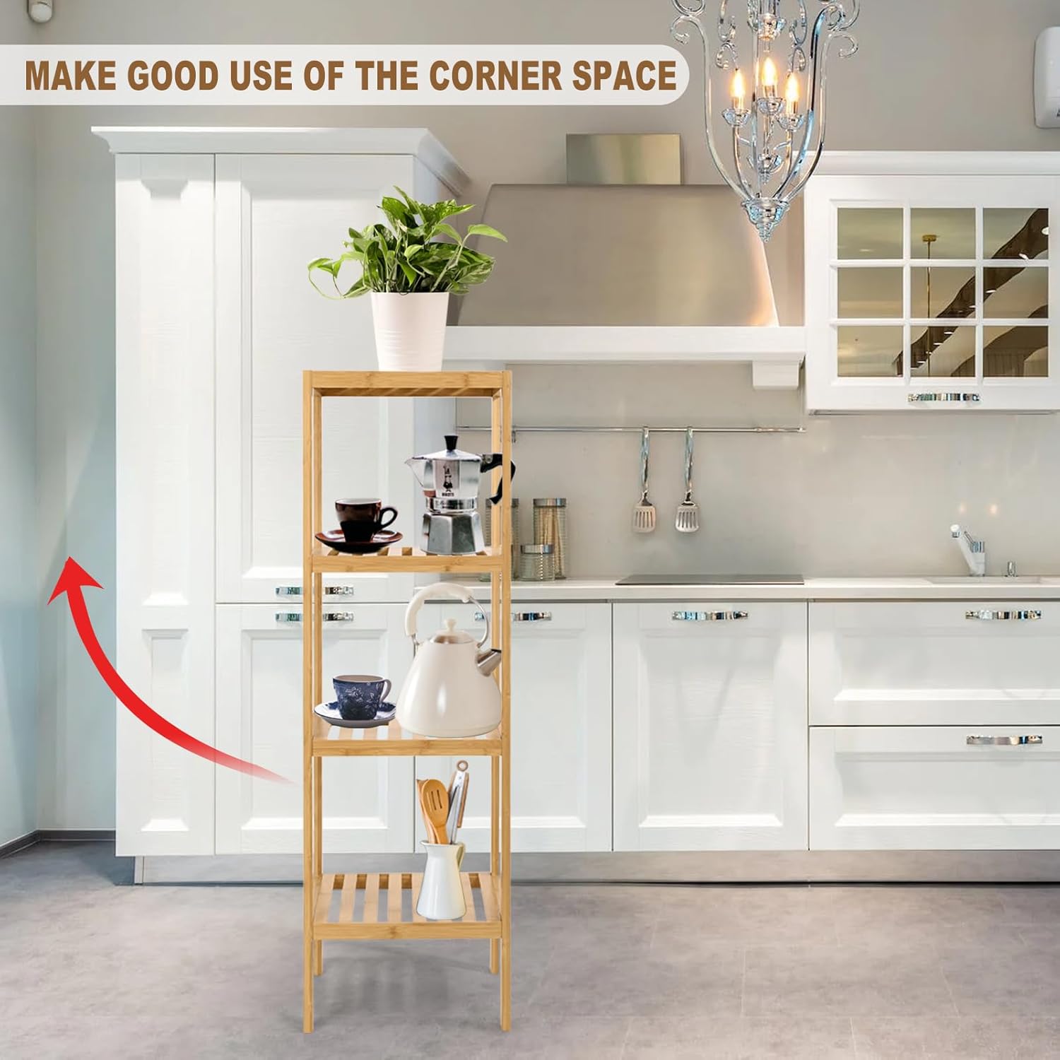 SIMEFUL 4-Tier Narrow Bathroom Shelf, Bamboo Corner Rack Book Shelving Unit, Plant Stand Wood Shelf, Multifunctional Storage Rack for Living Room,