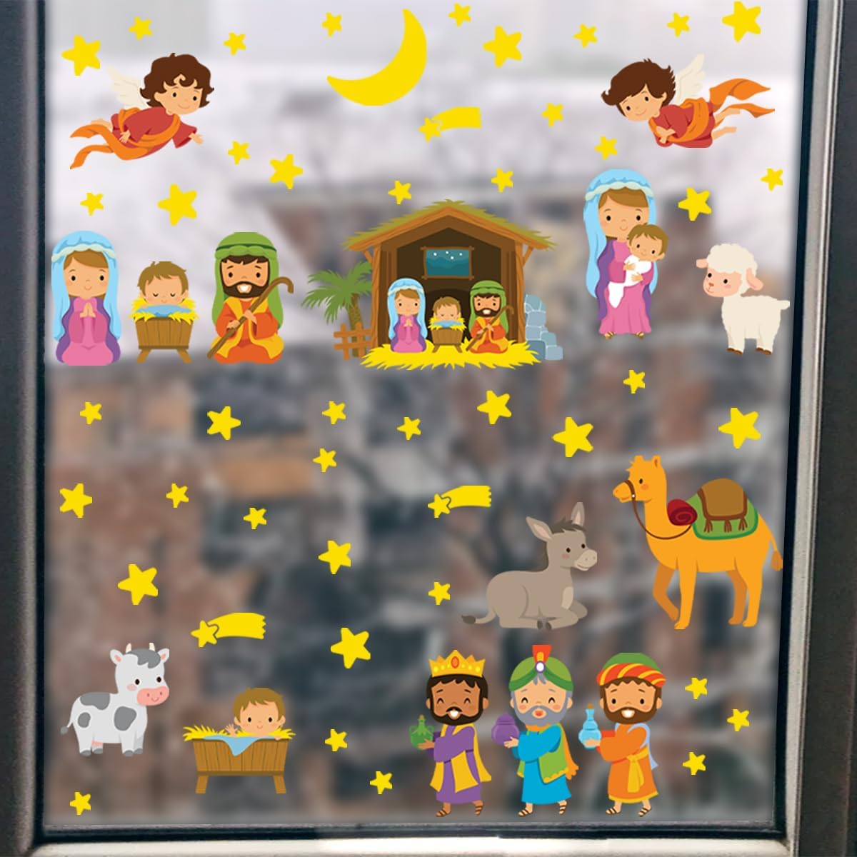 Adhesivos para ventana de Navidad, acuarela, belén, calcomanías de doble cara cristiana para ventana, diseño de El nacimiento de Jesús para