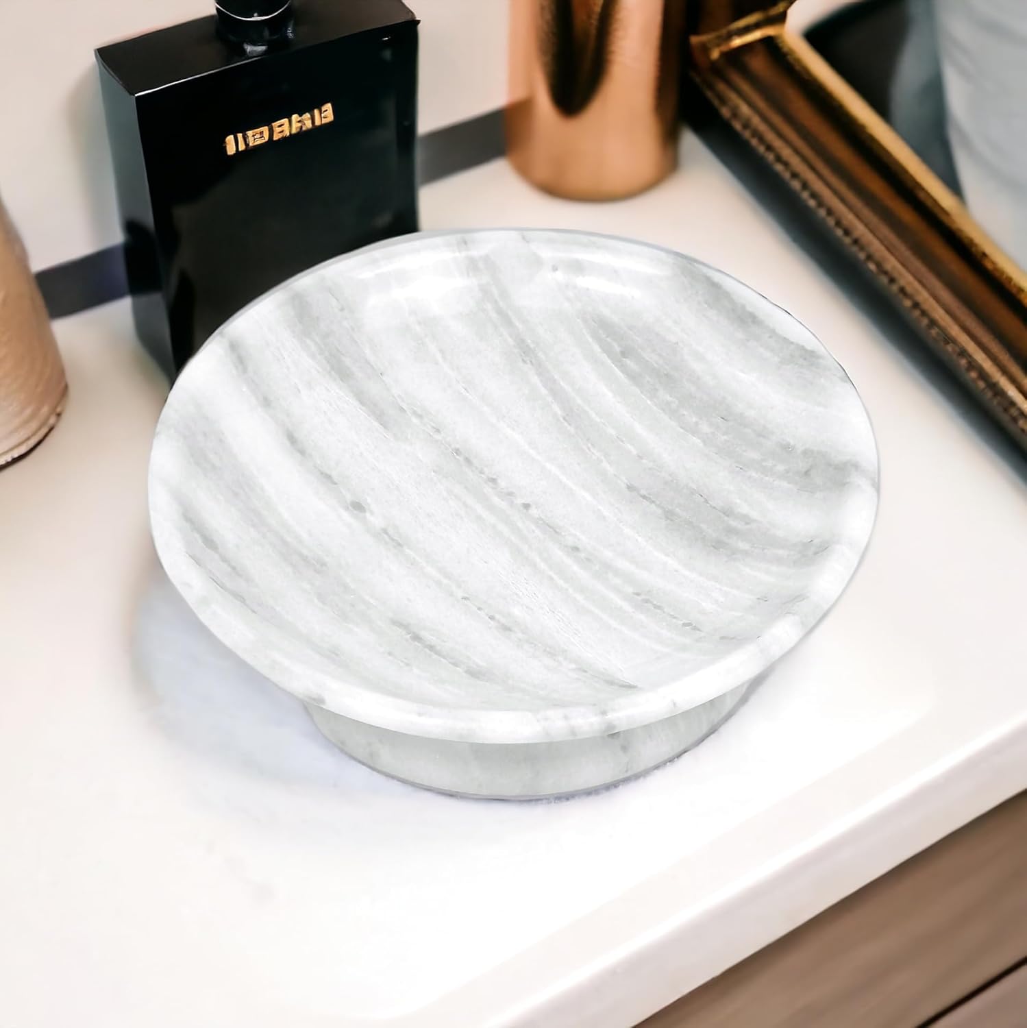 Hapton House Jabonera de mármol natural blanco, hecho a mano, mármol sólido auténtico, soporte para jabón, plato decorativo, plato de joyería,