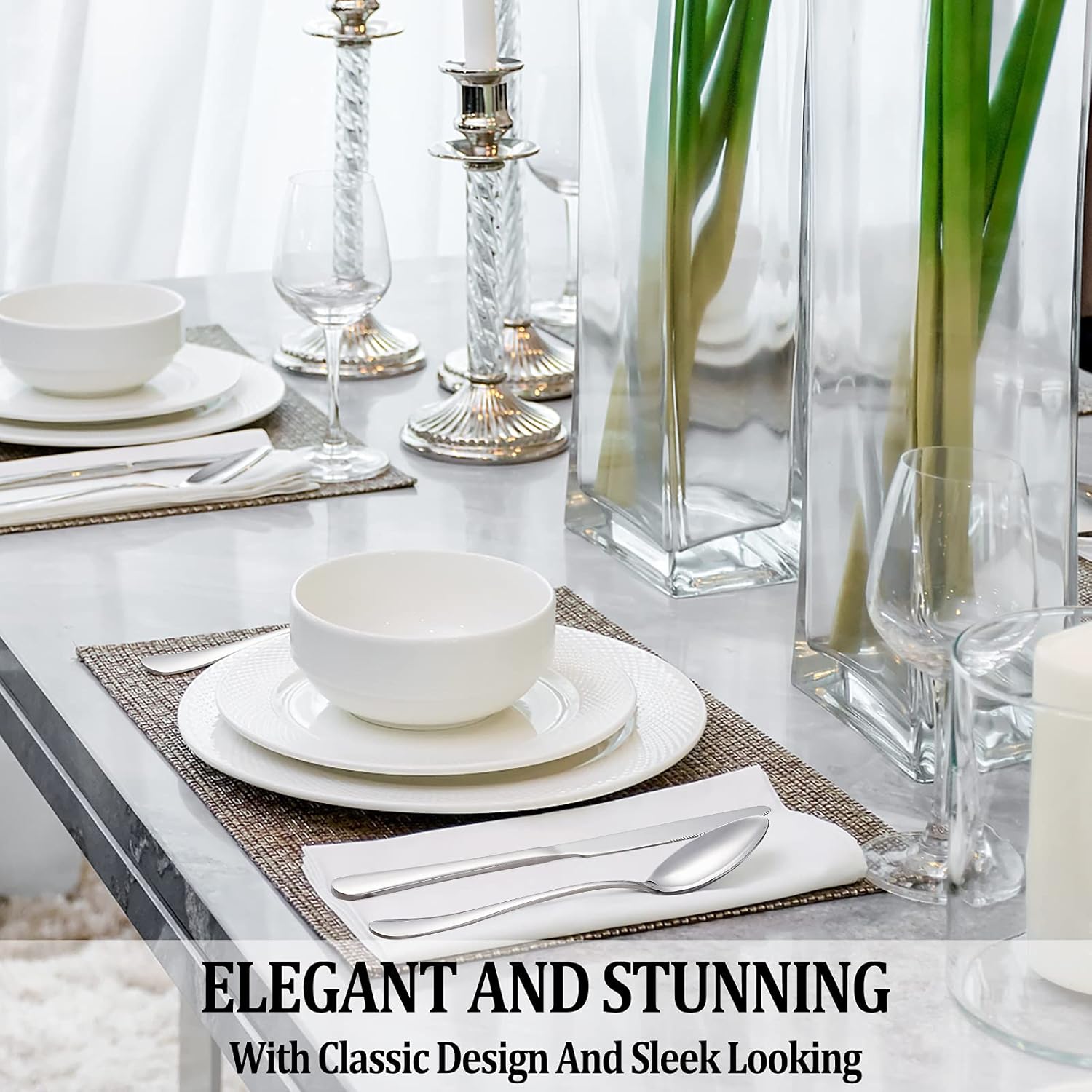 Juego de cubiertos de 24 piezas con cuchillos de carne para 4, juego de cubiertos de acero inoxidable, juego de cubiertos pulidos con espejo, juego - Imagen 7