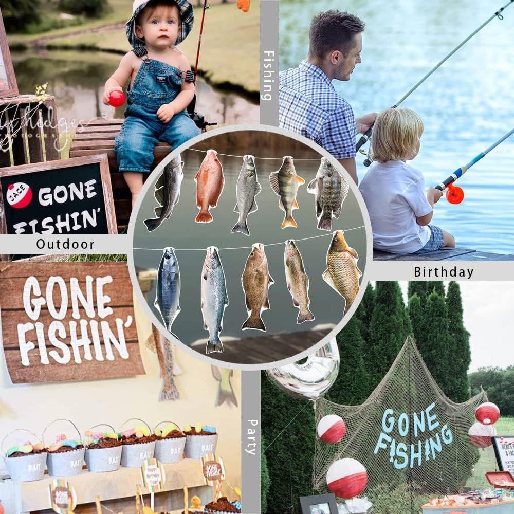 Gone Fishing String – Cartel colgante para cumpleaños, bienvenida, hogar, vacaciones, reunión familiar, competencia de pesca de lubina, estanque de
