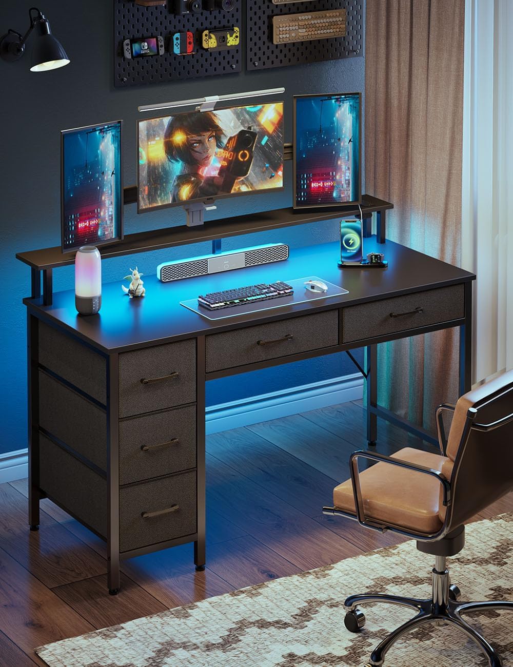 Seventable Escritorio para computadora con tomas de corriente y luz LED, escritorio de oficina en casa de 55 pulgadas con 5 cajones, escritorio con