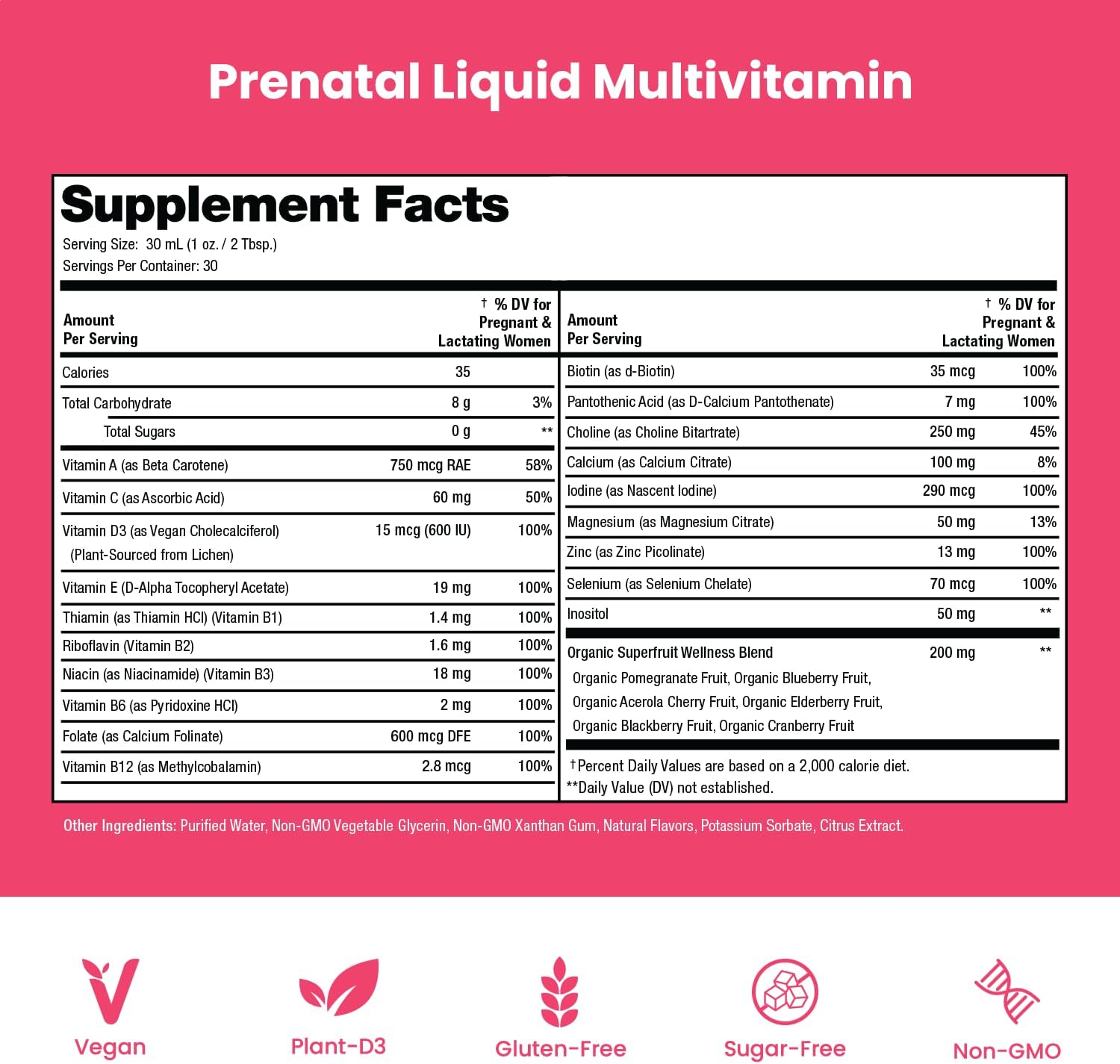 Multivitamínico prenatal y posnatal para mujeres  Vitaminas prenatales líquidas sin azúcar para mujeres con folato, colina y frutas orgánicas para