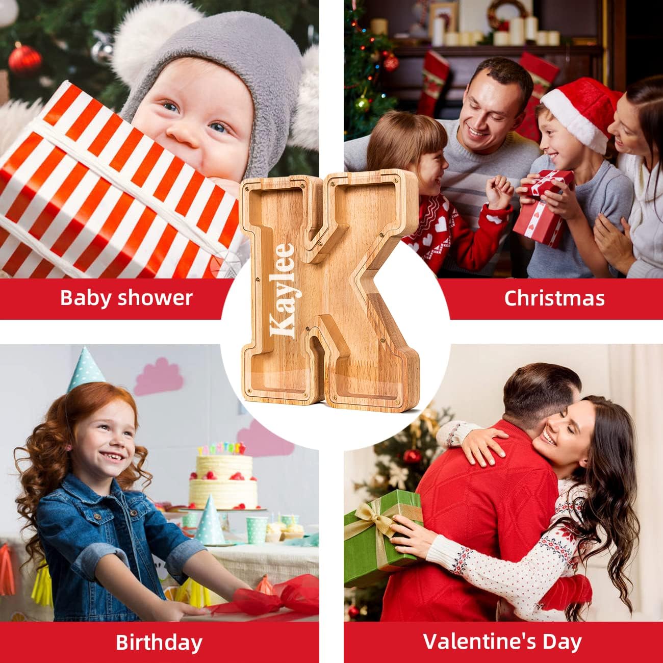 SummiDate Alcancía con letras de madera, alcancía para niños y niñas, banco de dinero del alfabeto W, regalo de cumpleaños para niños, regalo del