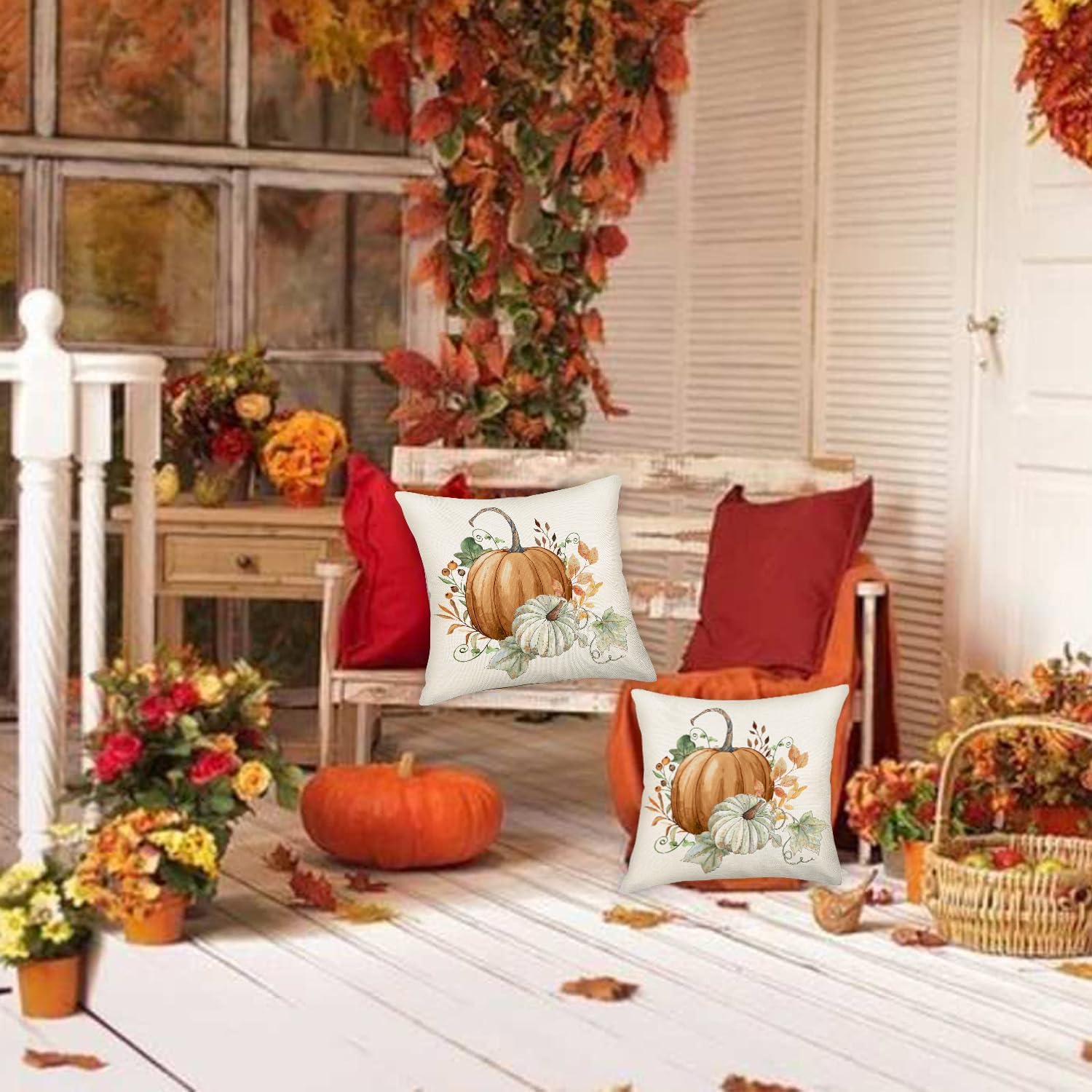 Juego de 2 fundas de almohada de otoño de 24 x 24 pulgadas, fundas de almohada decorativas de otoño, fundas de almohada de calabaza de algodón y