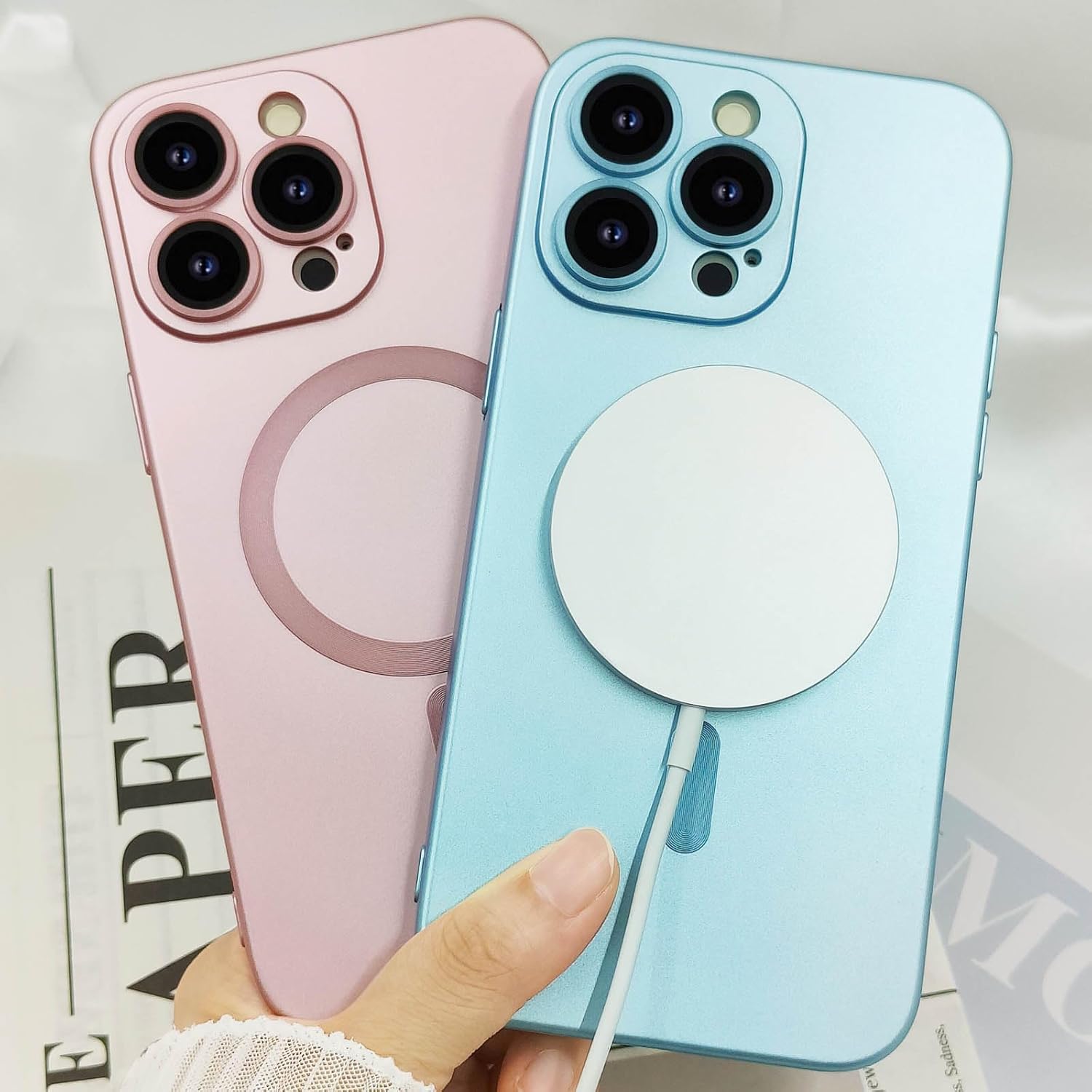 Funda magnética para iPhone 15 Pro Max para mujer, diseño de brillo metálico suave mate de lujo con protector de lente de cámara, compatible con
