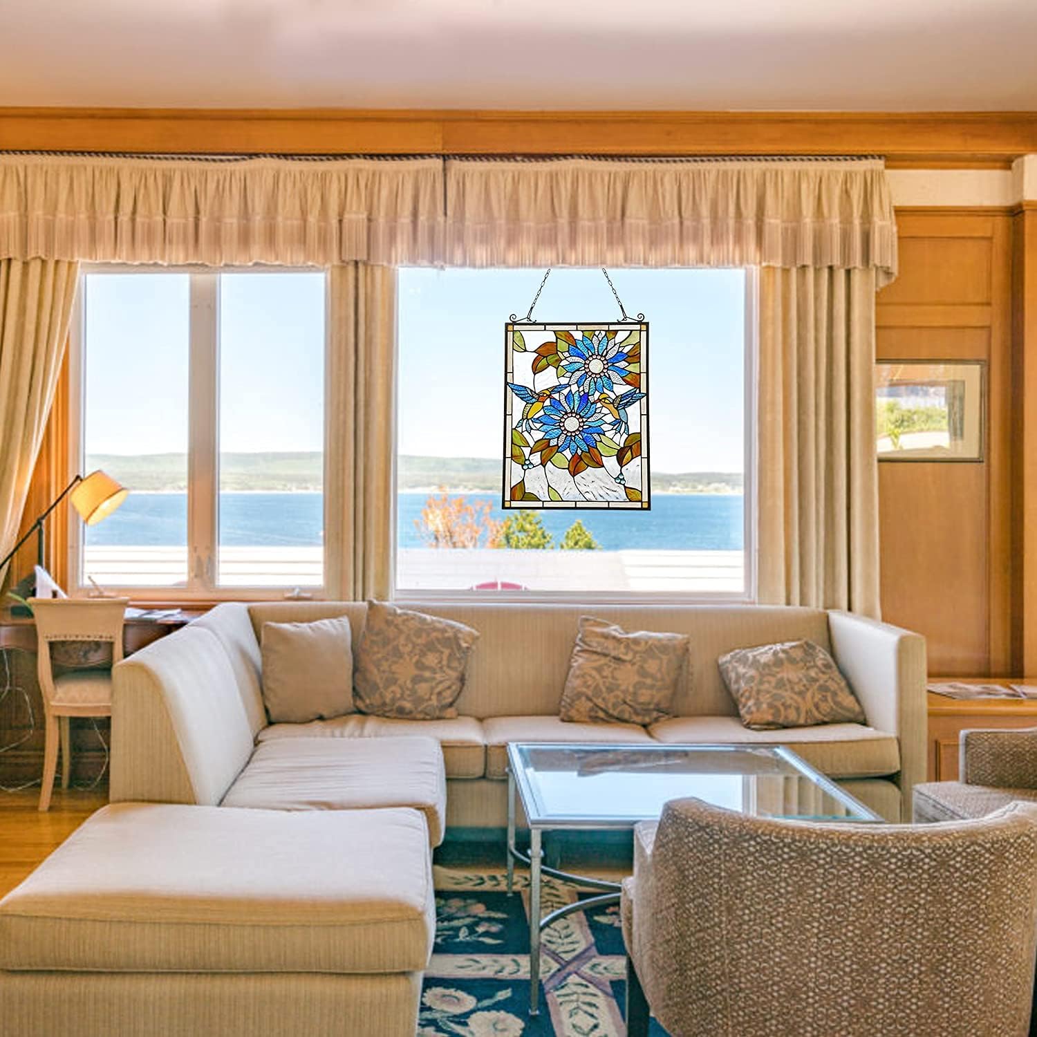 Capulina Paneles de vidrieras para colgar ventanas, girasoles y pájaros, estilo Tiffany, artesanías de arte tradicional para decoración del hogar y