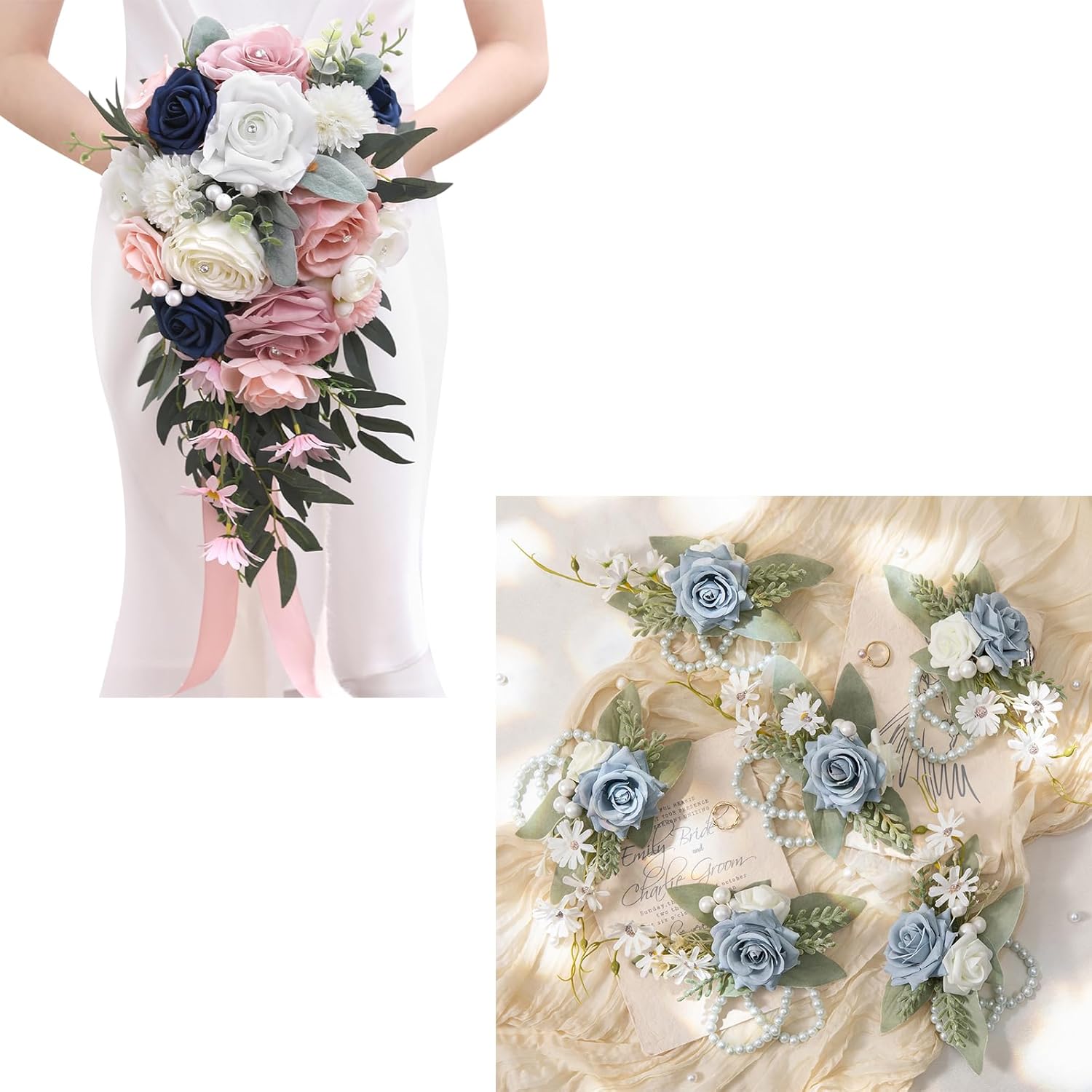 Serwalin Ramos de flores artificiales de 9.8 pulgadas y ramillete de muñeca para novia, ramo de novia para ceremonia de boda, aniversario,