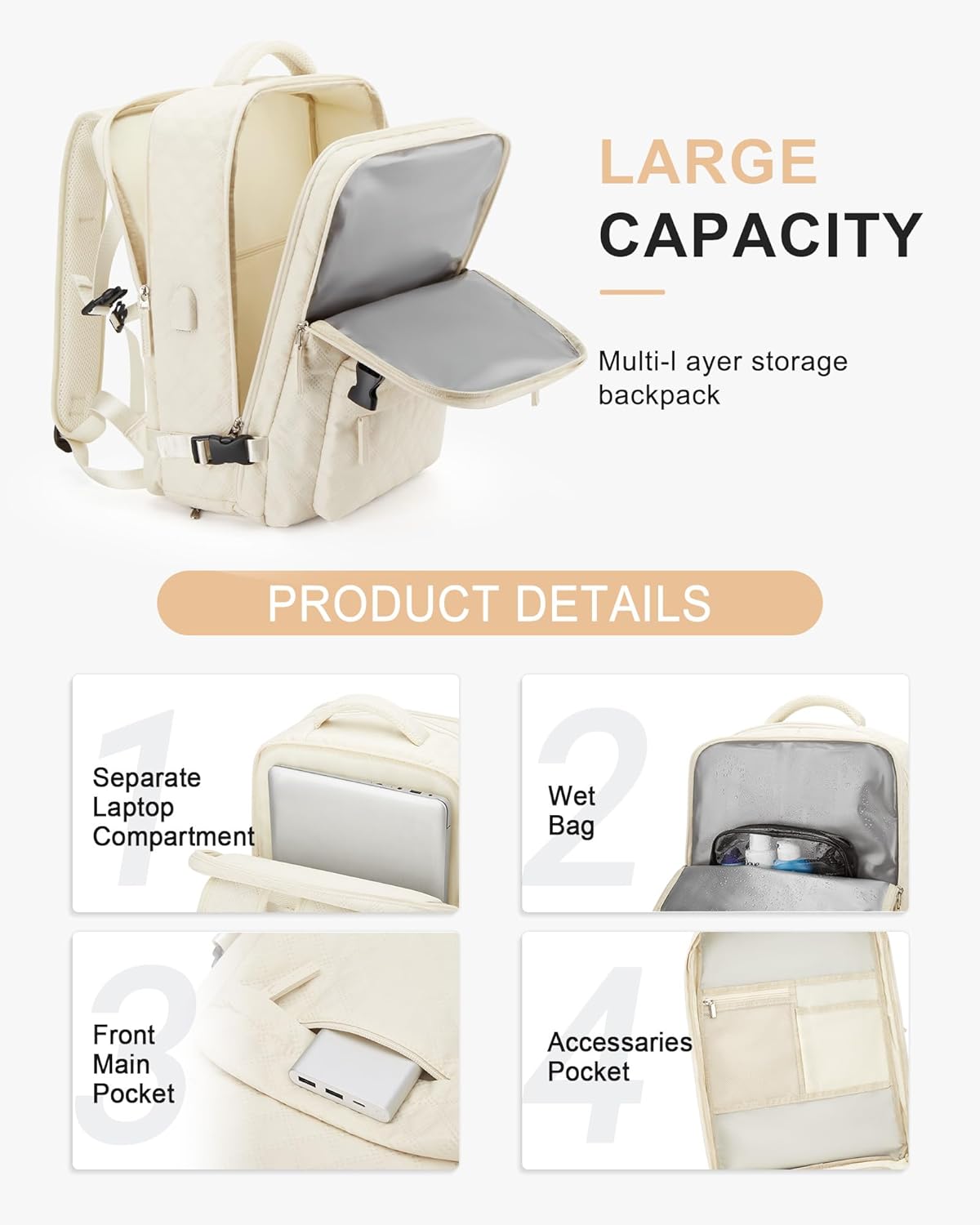 VECAVE Mochila de viaje para laptop, mochila aprobada para vuelos,Mochila deportiva para universidad casual, M-Beige, Mochila para laptop