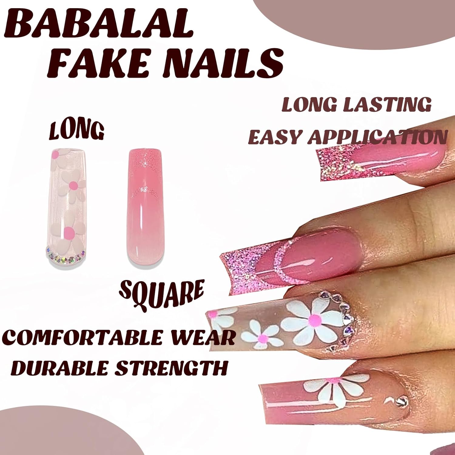 BABALAL Uñas postizas cuadradas a presión, uñas postizas largas con pegamento rosa, uñas acrílicas con flores, 24 unidades, uñas ovaladas brillantes