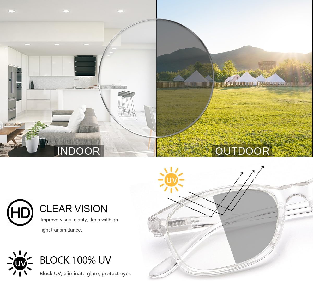 Lentes fotocromáticos para miopía, bisagra de resorte, bloqueo UV, lentes de distancia para hombres y mujeres, lentes de miopía (blanco, -2.00,