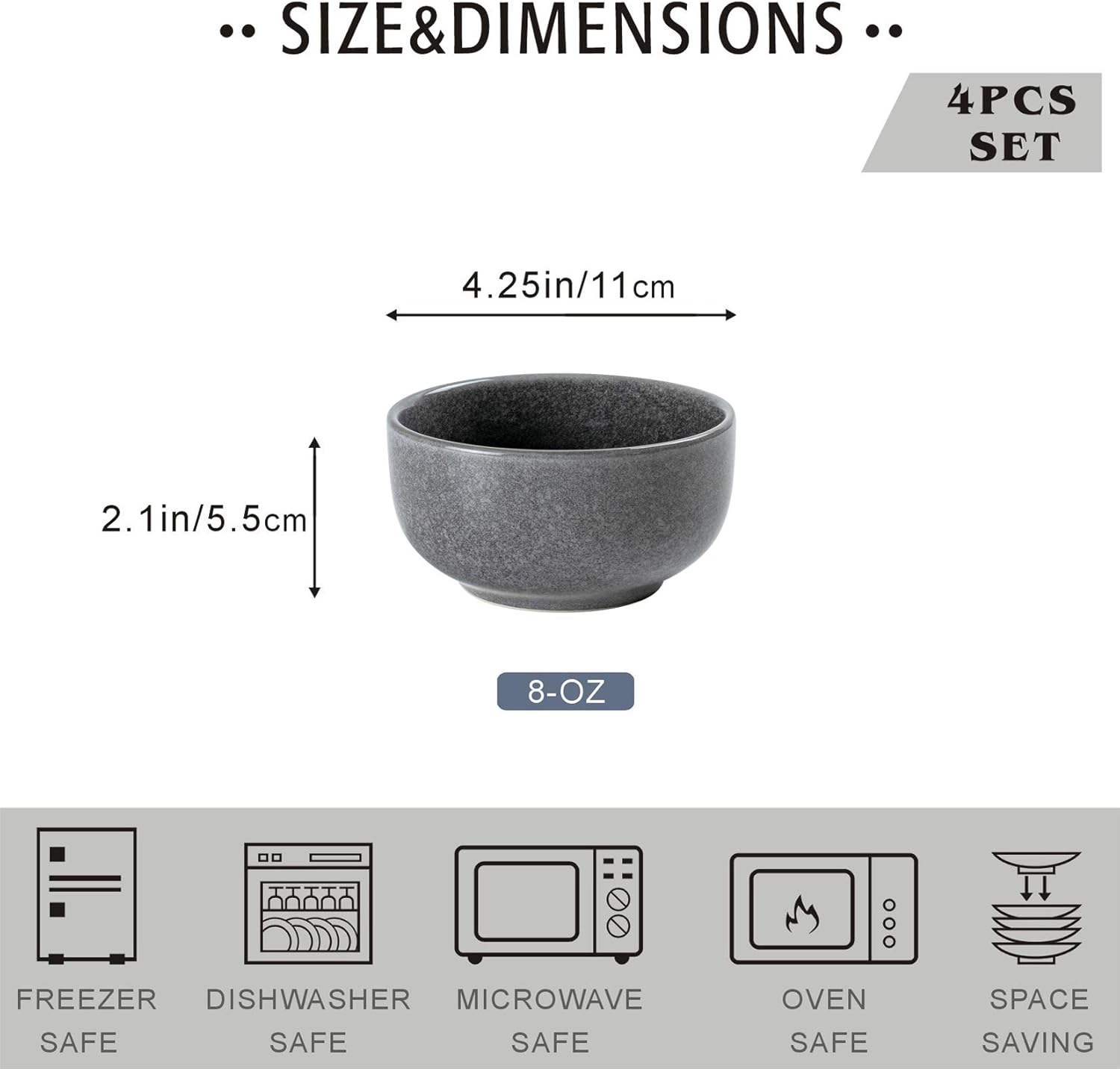 UNICASA Juego de 4 cuencos pequeños de cerámica, cuencos de cereales de 8 onzas, cuencos de arroz esmaltado reactivo de porcelana, cuencos de postre