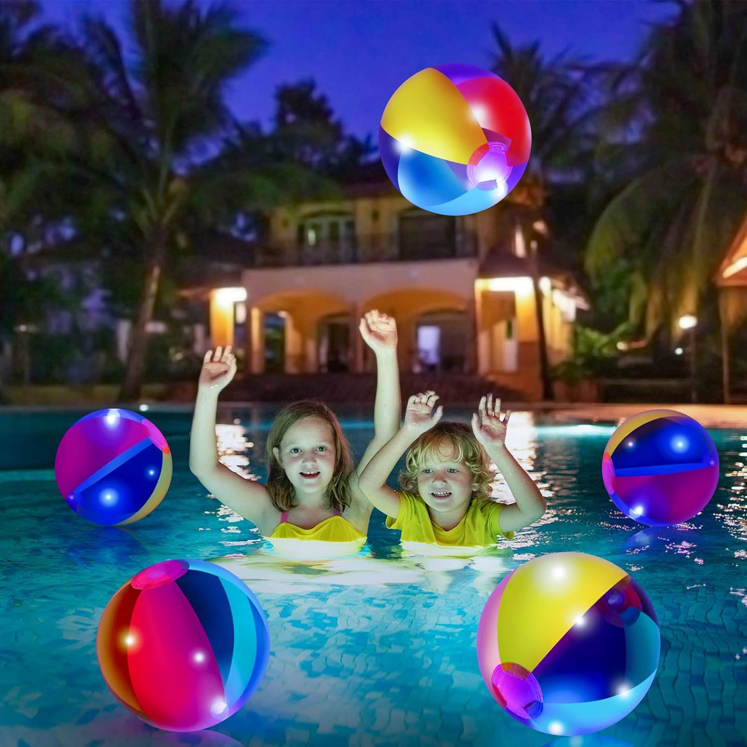 Zhanmai Bola de playa flotante e inflable que brilla en la oscuridad, color arcoíris de 9 pulgadas, de inflado a desinflado, para verano, piscina,