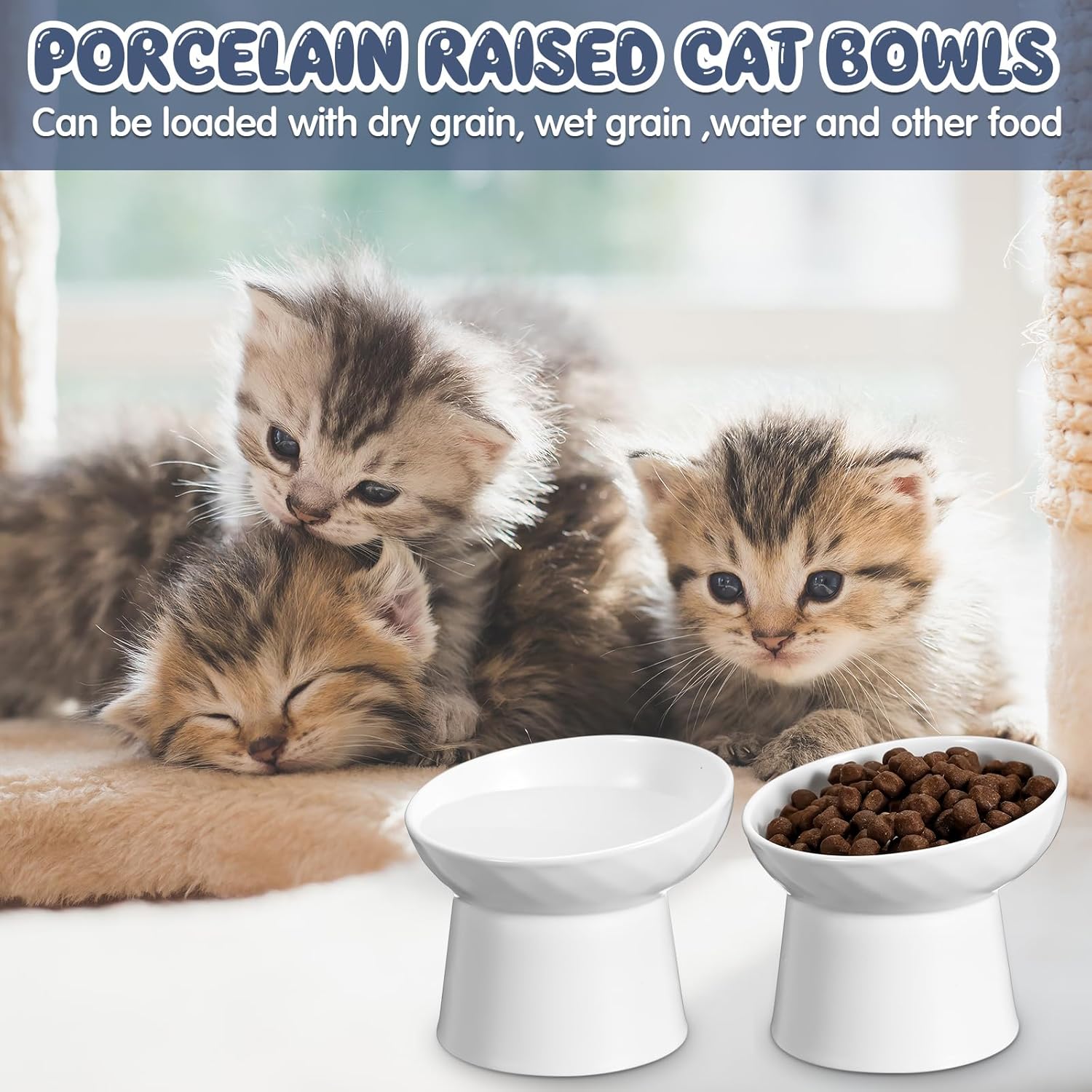 Cuencos elevados de cerámica para gatos de 4 piezas, cuencos inclinados para comida para gatos, sin estrés, fatiga de bigotes, prevención de