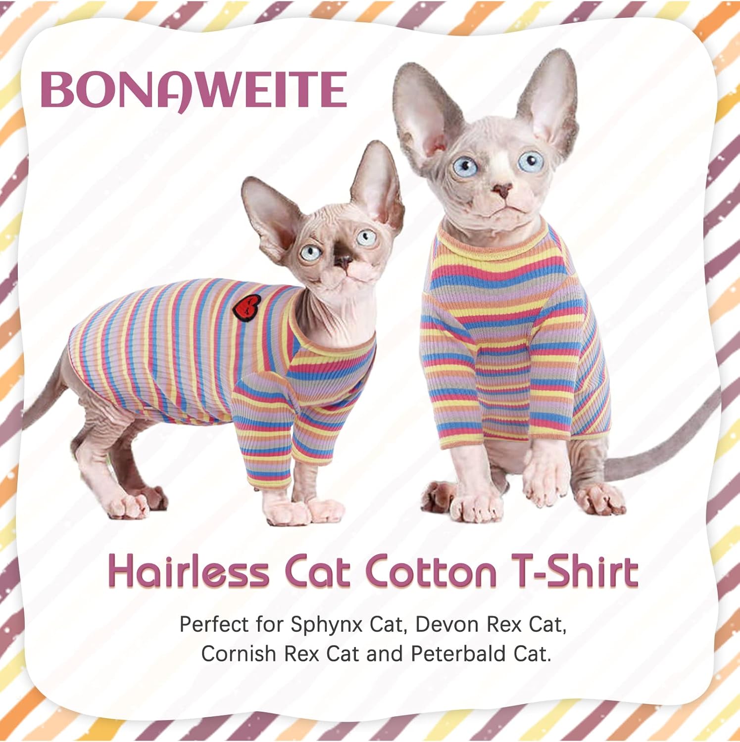 Bonaweite Sphynx Camisa de gatos sin pelo, Cornish Rex Kitten Rainbow Stripe Camisetas con mangas, suéter de cuello alto transpirable para gatos,