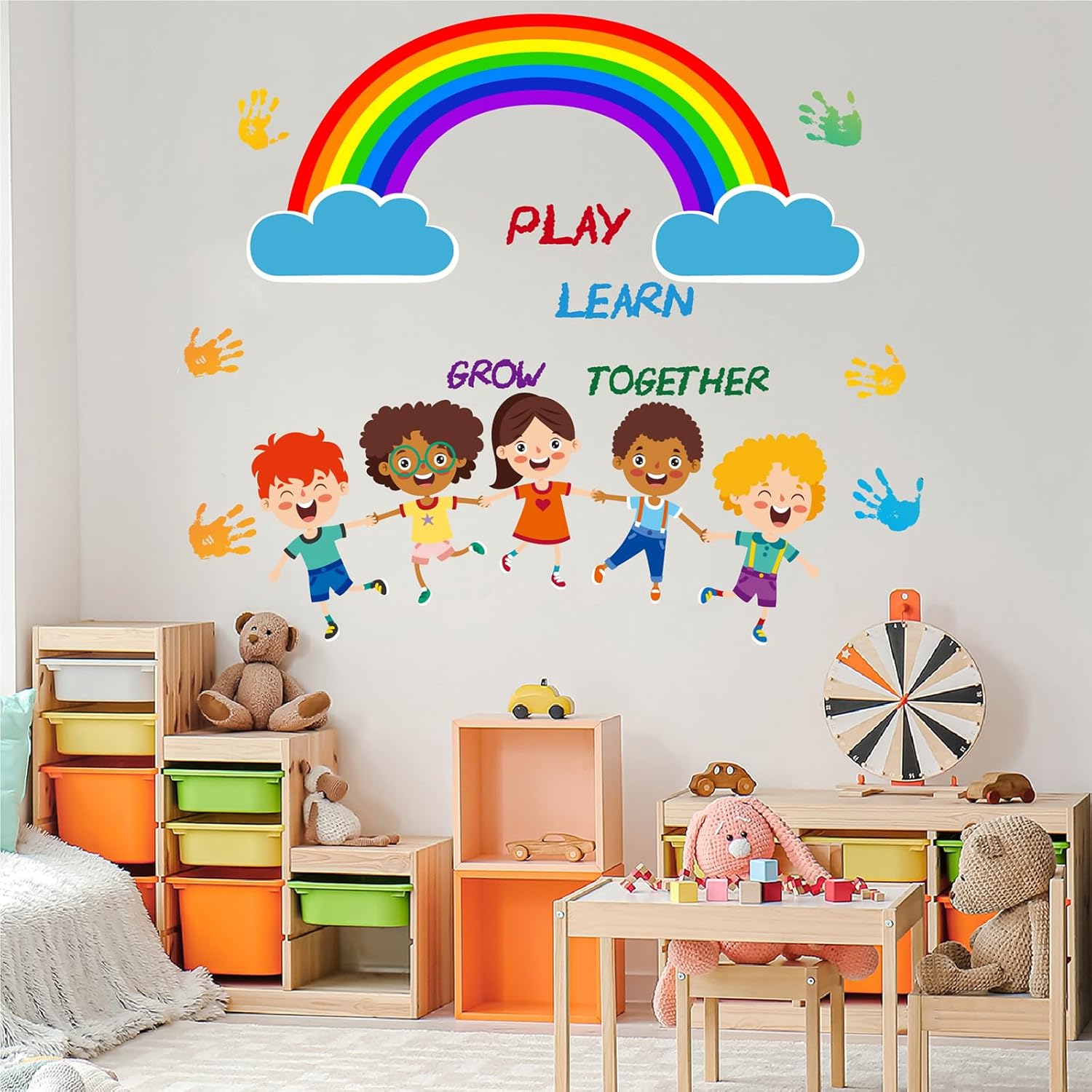 Calcomanías de pared coloridas de arco iris, calcomanías de pared con huellas de mano para niños, murales de pared inspiradores para despegar y