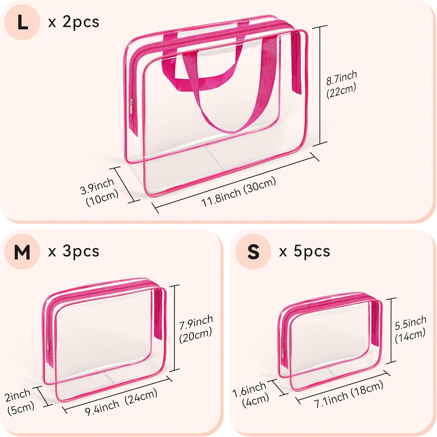 10 piezas de maquillaje de viaje transparente, plástico PVC cosmético aprobado por la TSA kit organizador con cremallera bolso, Rosa Rojo