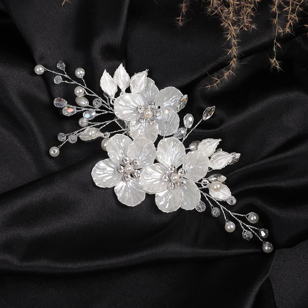 Jumwrit Pinza para el pelo nupcial con diamantes de imitación, pinza de pelo de flor blanca para novias, damas de honor, tocado de perlas hechas a