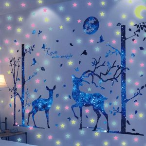 HO BEAR Calcomanía de pared de ciervos con luz de luna con estrellas que brillan en la oscuridad, calcomanías de luna, murales de arte familiar para HO BEAR Calcomanía de pared de ciervos con luz de luna con estrellas que brillan en la oscuridad, calcomanías de luna, murales de arte familiar para