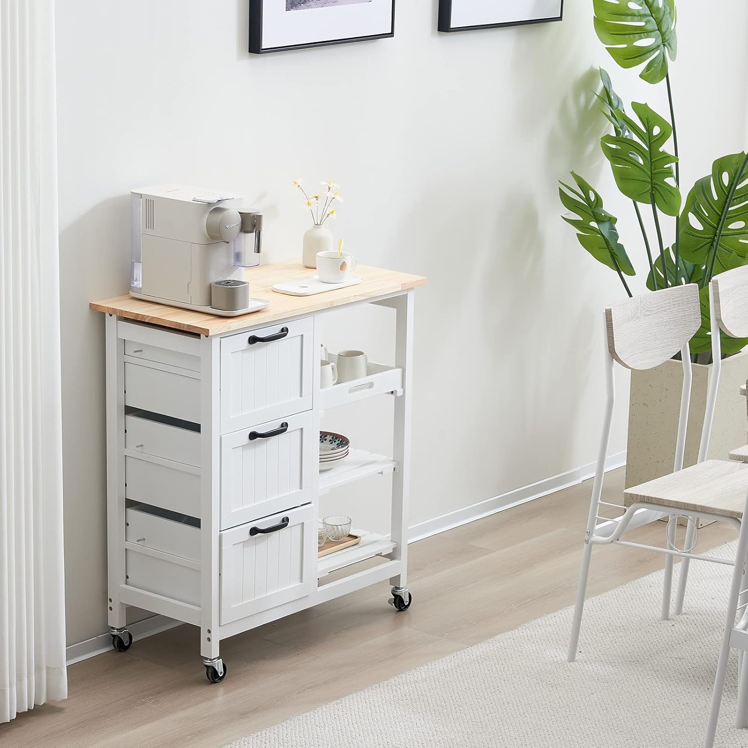 Carrito de isla de cocina blanco con almacenamiento, isla de cocina rodante, pequeña mesa de isla de cocina, carrito de café con ruedas, carrito de