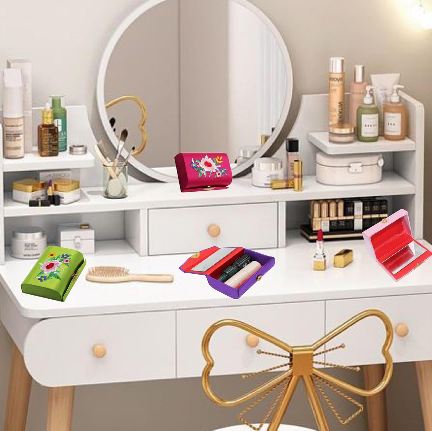 MIAO JIN 12PCS caja de lápiz labial con espejo Estuche de lápiz labial Estuche de almacenamiento Mini bordado portátil joyero caso cosmético (color