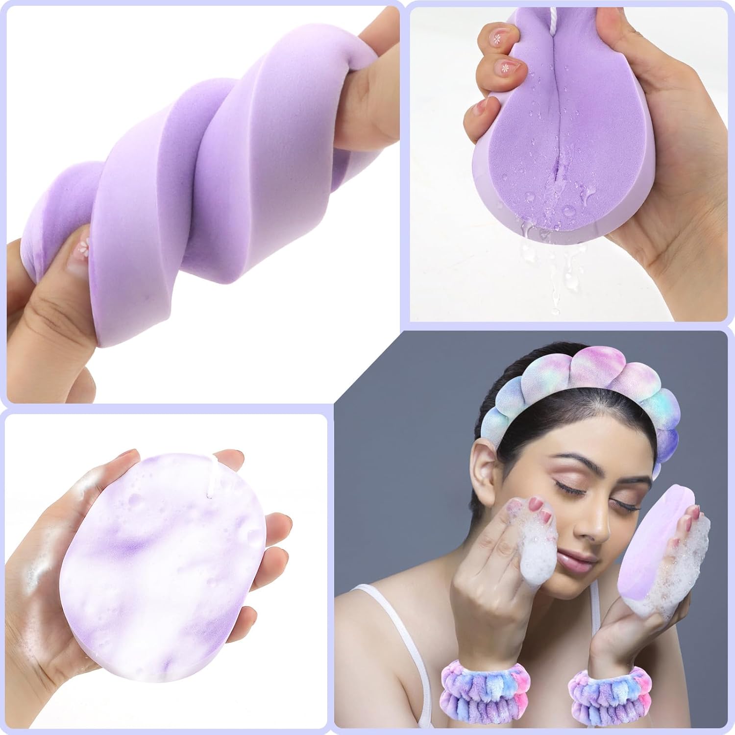 CAVETEE Diadema de maquillaje para mujer, diadema de cuidado de la piel para lavar la cara, bonita diadema de spa hinchada teñida con banda elástica