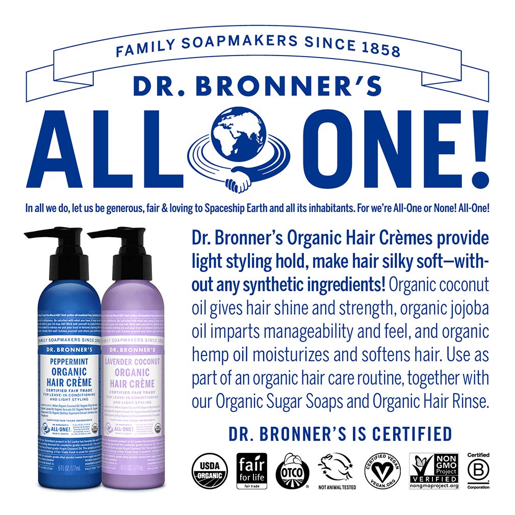 Dr. Bronner’s – Crema orgánica para el cabello (menta, 6 onzas, paquete de 2) – Acondicionador sin enjuague y crema de peinado, hecha con aceites