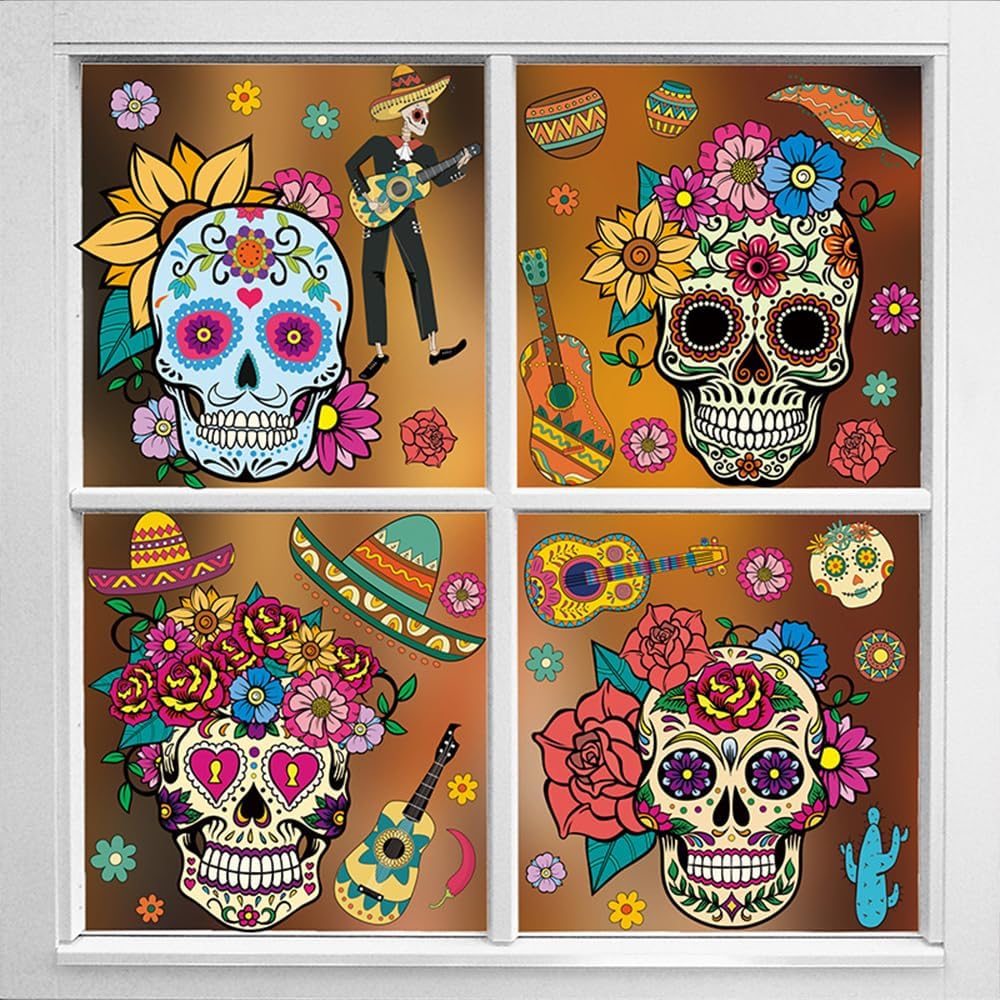 81 calcomanías para ventana del Día de los Muertos, Día de los Muertos, calcomanías mexicanas de Halloween para ventana, calavera de azúcar,